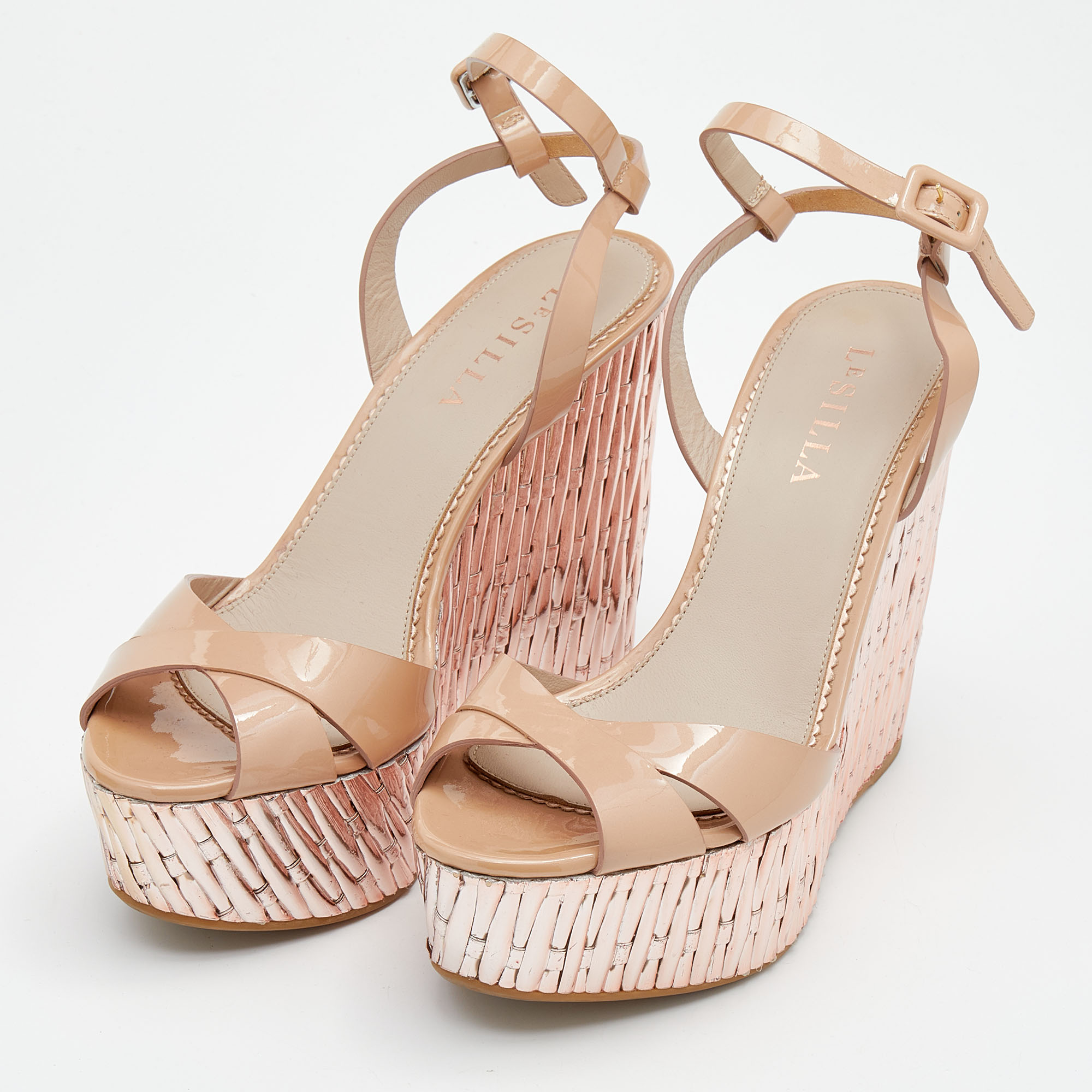 

Le Silla Beige Leather Ankle Strap Platform Sandals Size