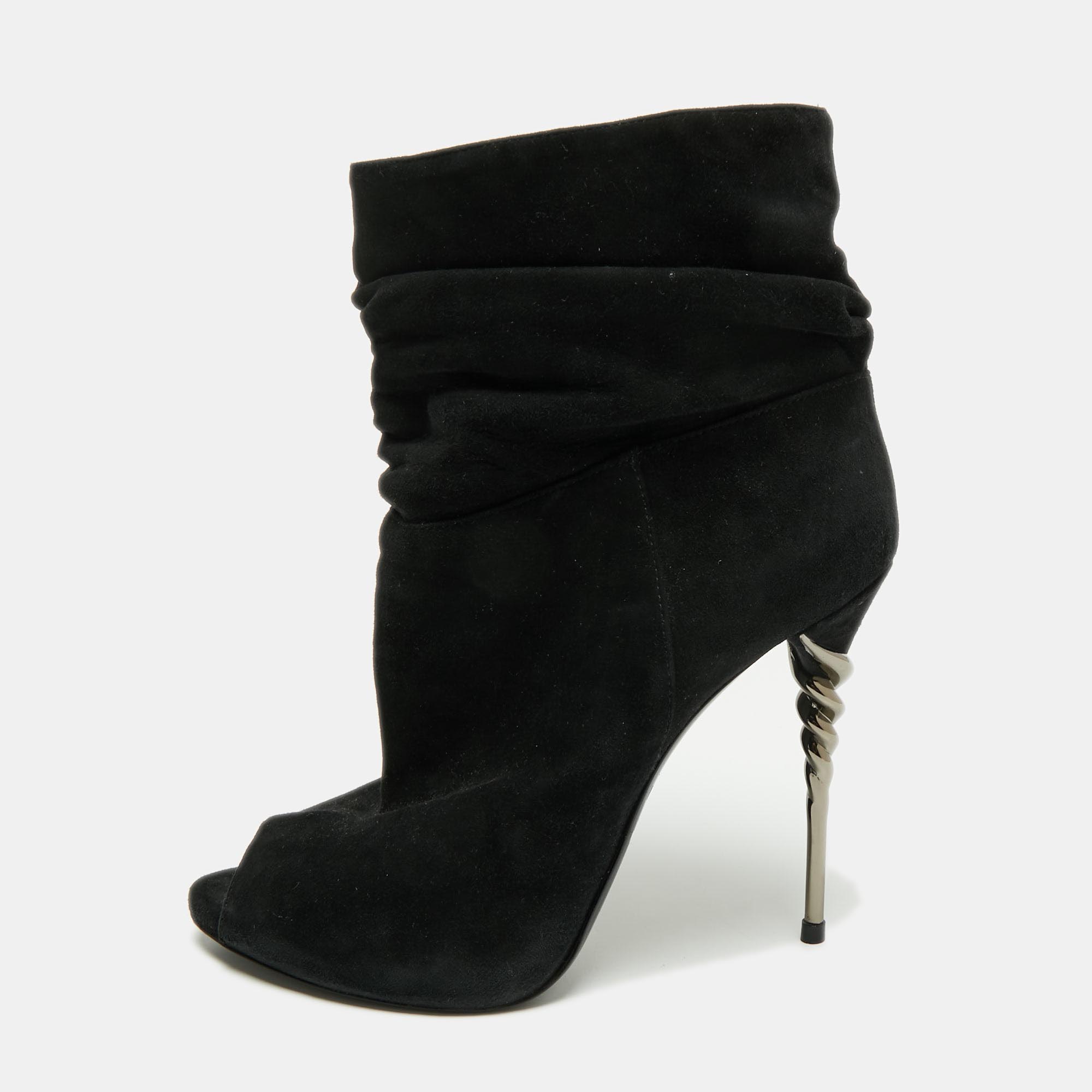 

Le Silla Black Suede Peep-Toe Spiral Heel Ankle Boots Size