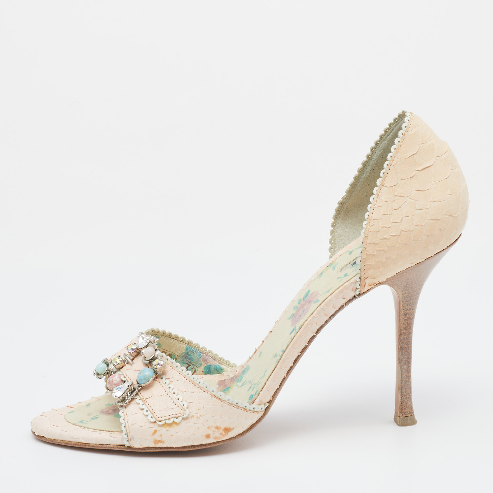 Pre-owned Le Silla Pale Pink Python Leather Embellished D'orsay Open Toe Pumps Size 39