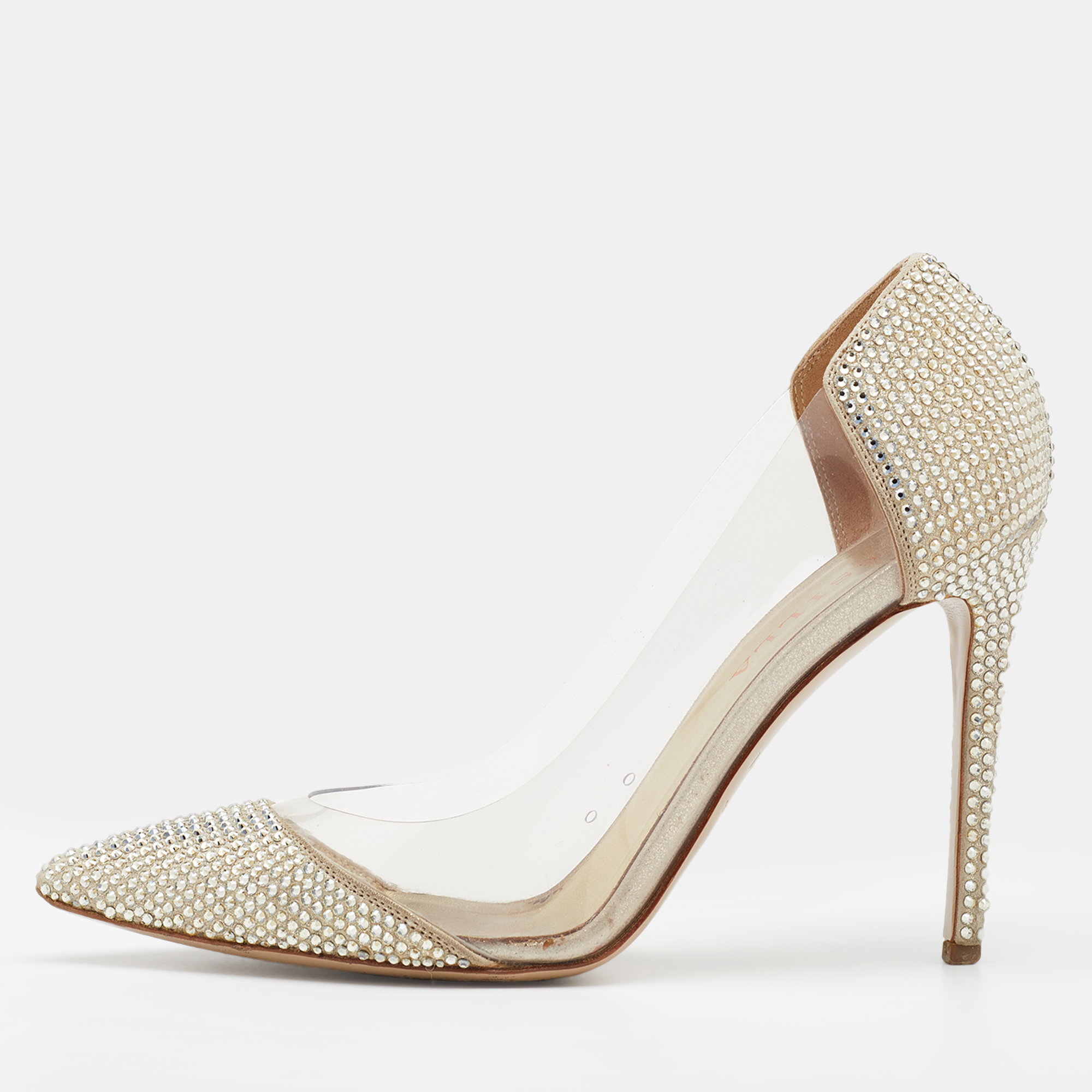 

Le Silla Metallic Gold Suede And PVC Crystal Embellished Pumps Size
