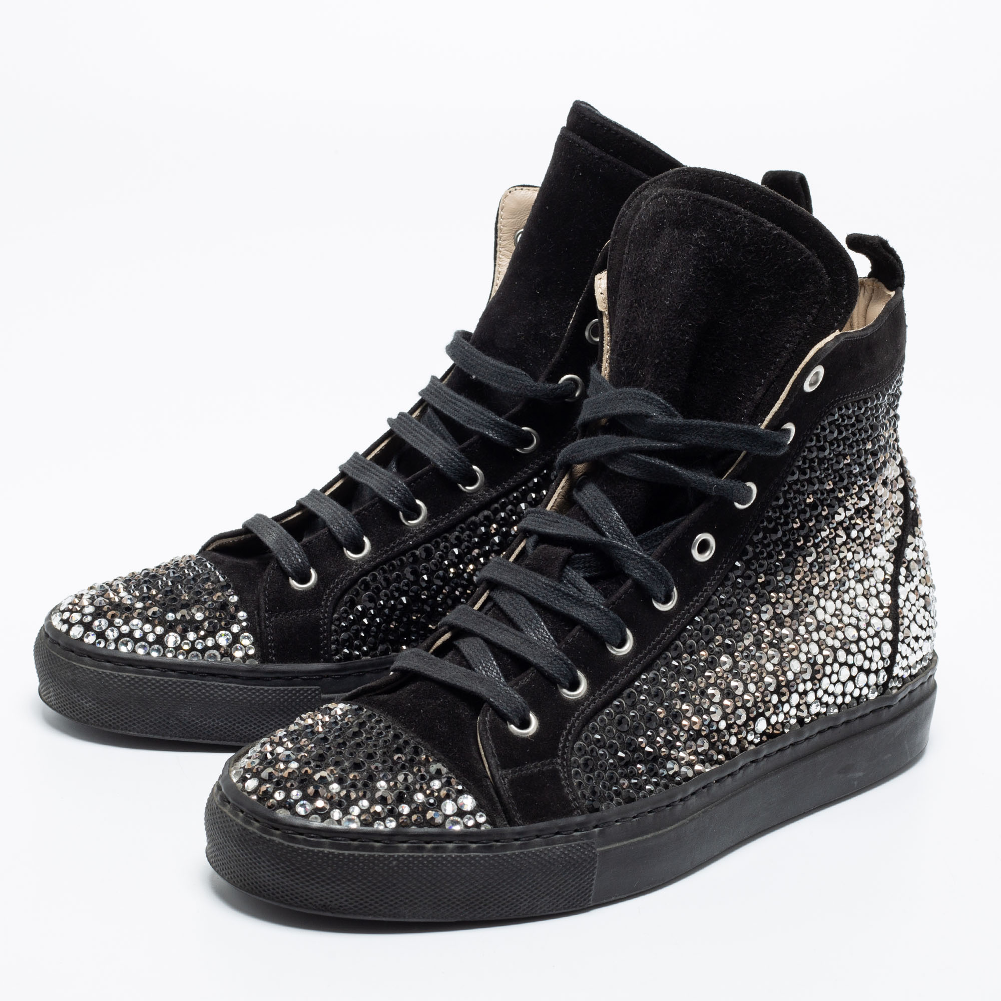 

Le Silla Black Suede Crystal Embellished High Top Sneakers Size