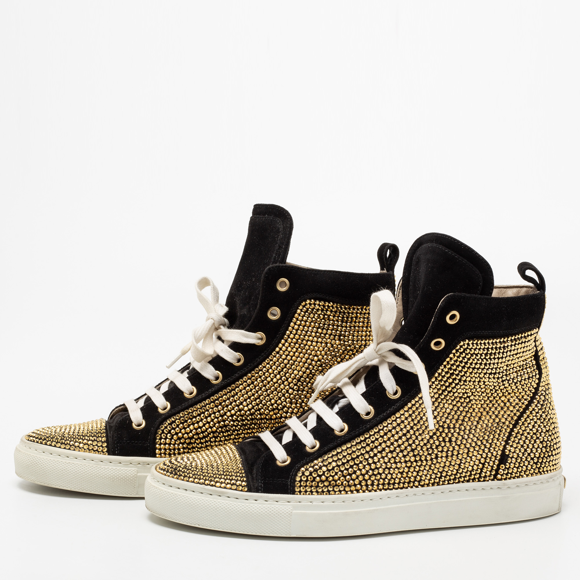 

Le Silla Gold Suede Crystal Embellished High Top Sneakers Size