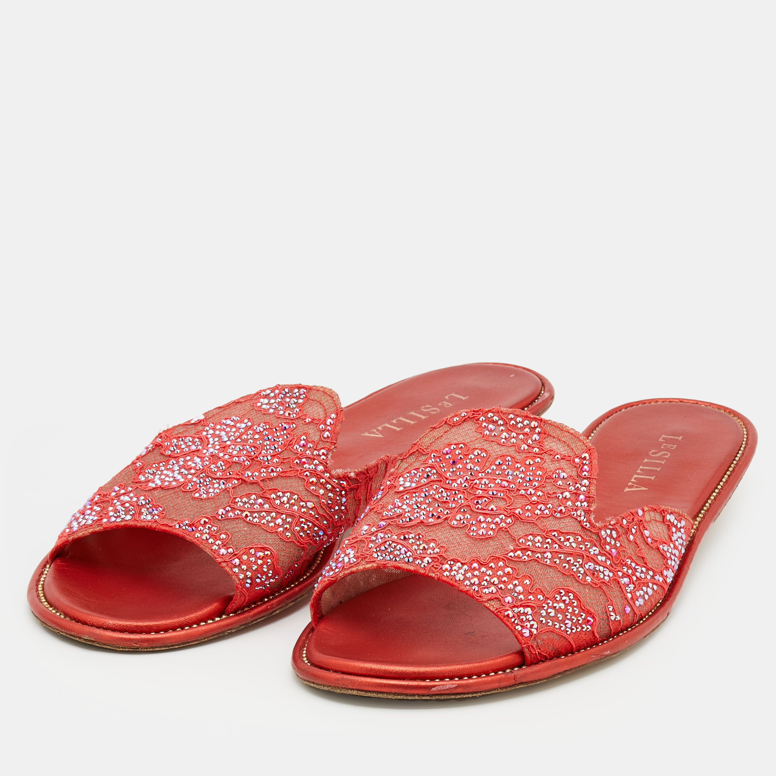 

Le Silla Orange Lace Crystal Embellished Flat Slides Size