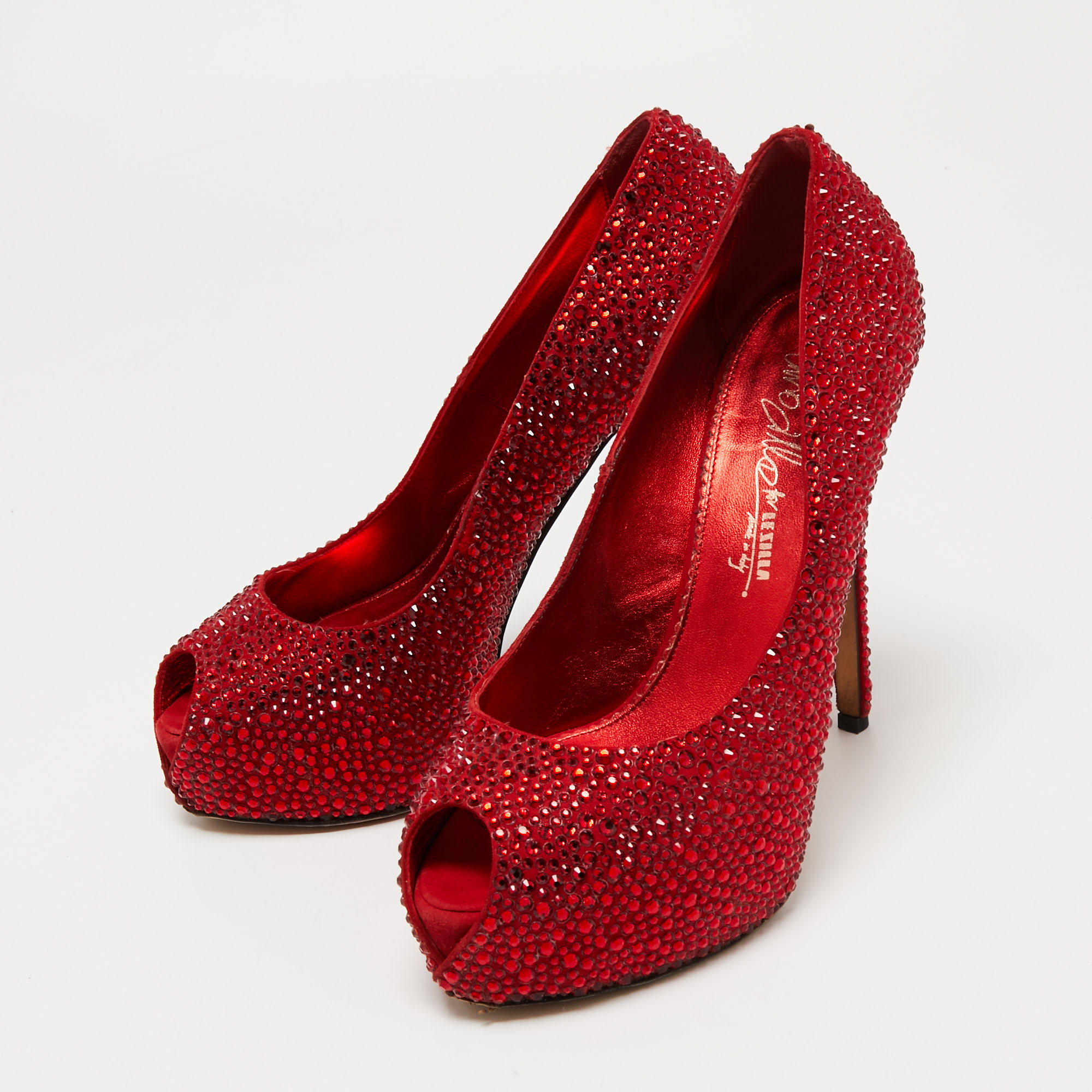 

Le Silla Red Crystal Embellished Suede Peep Toe Platform Pumps Size