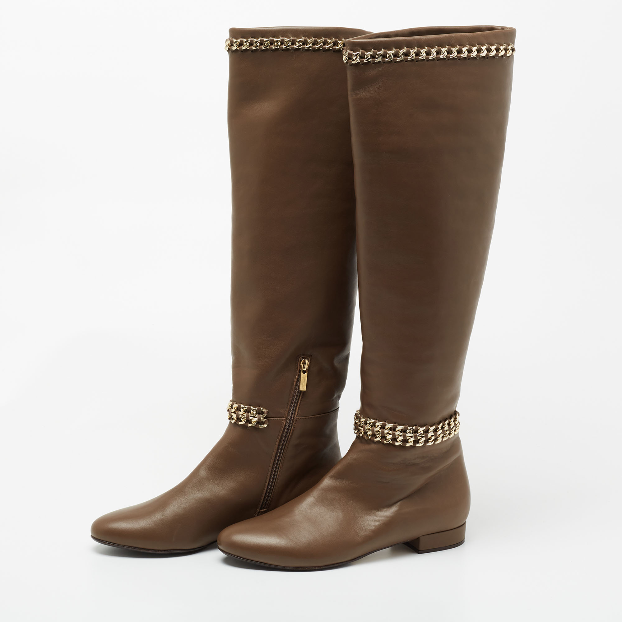 

Le Silla Brown Leather Chain Detail Knee High Boots Size