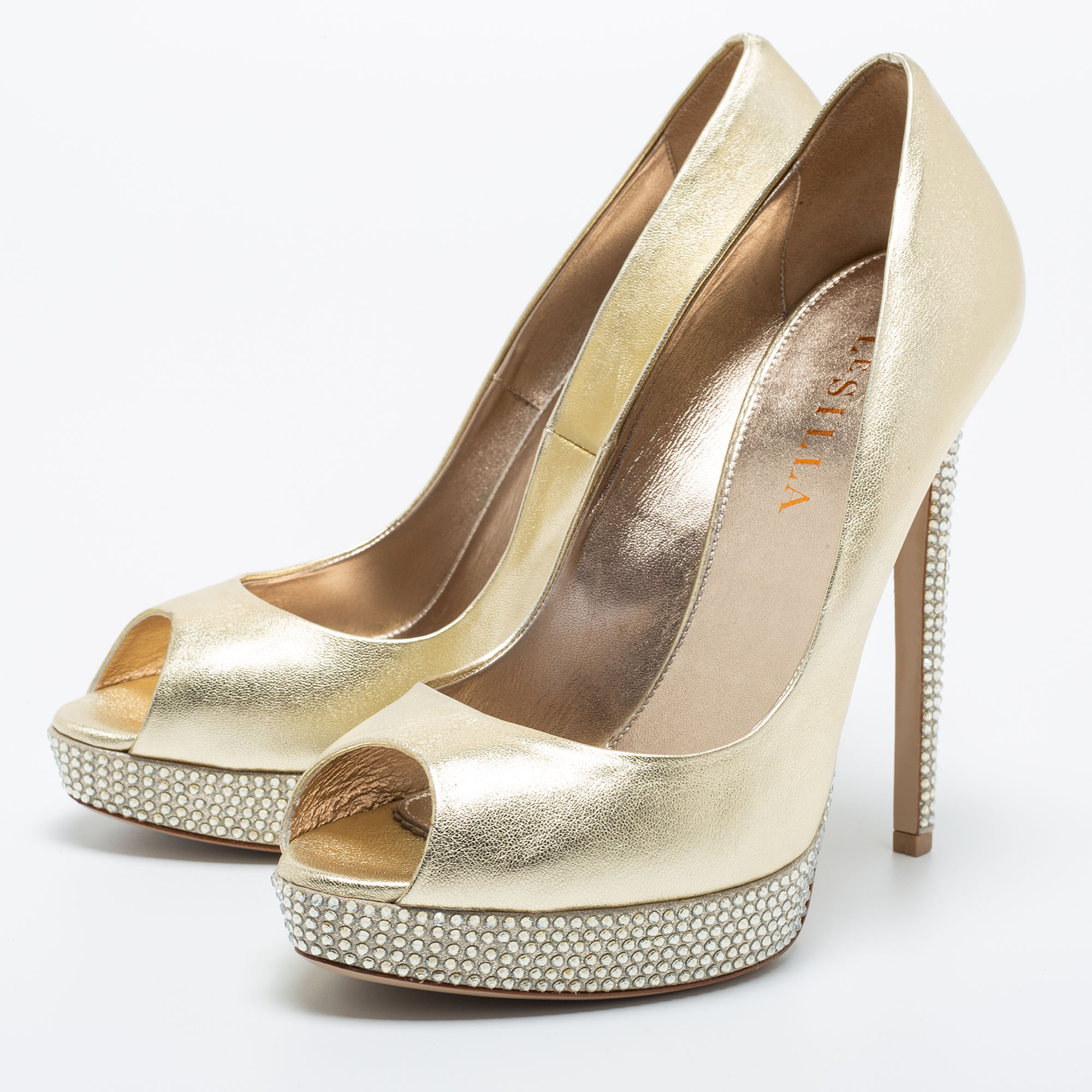 

Le Silla Gold Leather Crystal Embellished Platform Peep Toe Pumps Size