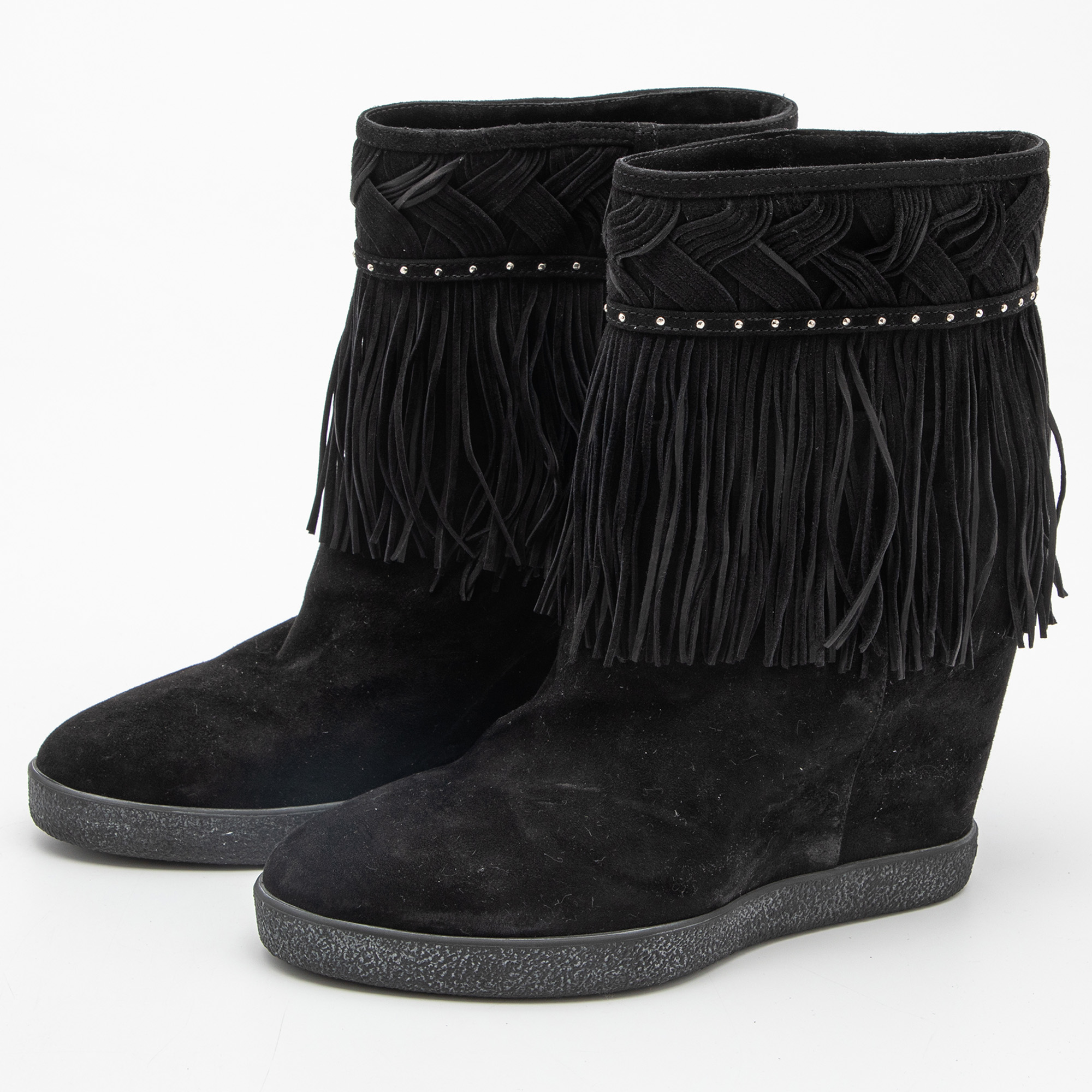 

Le Silla Black Suede Fringe Wedge Boots Size