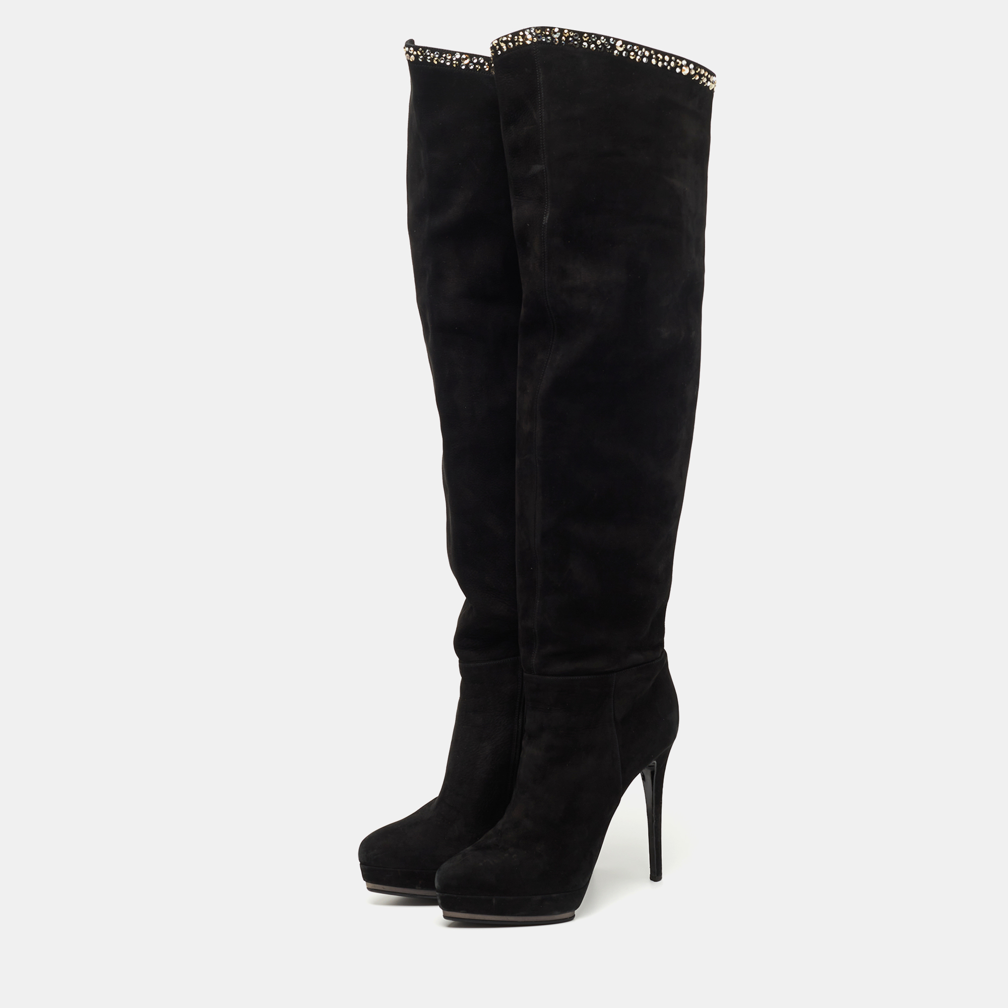

Le Silla Black Suede Crystal Embellished Over The Knee Boots Size