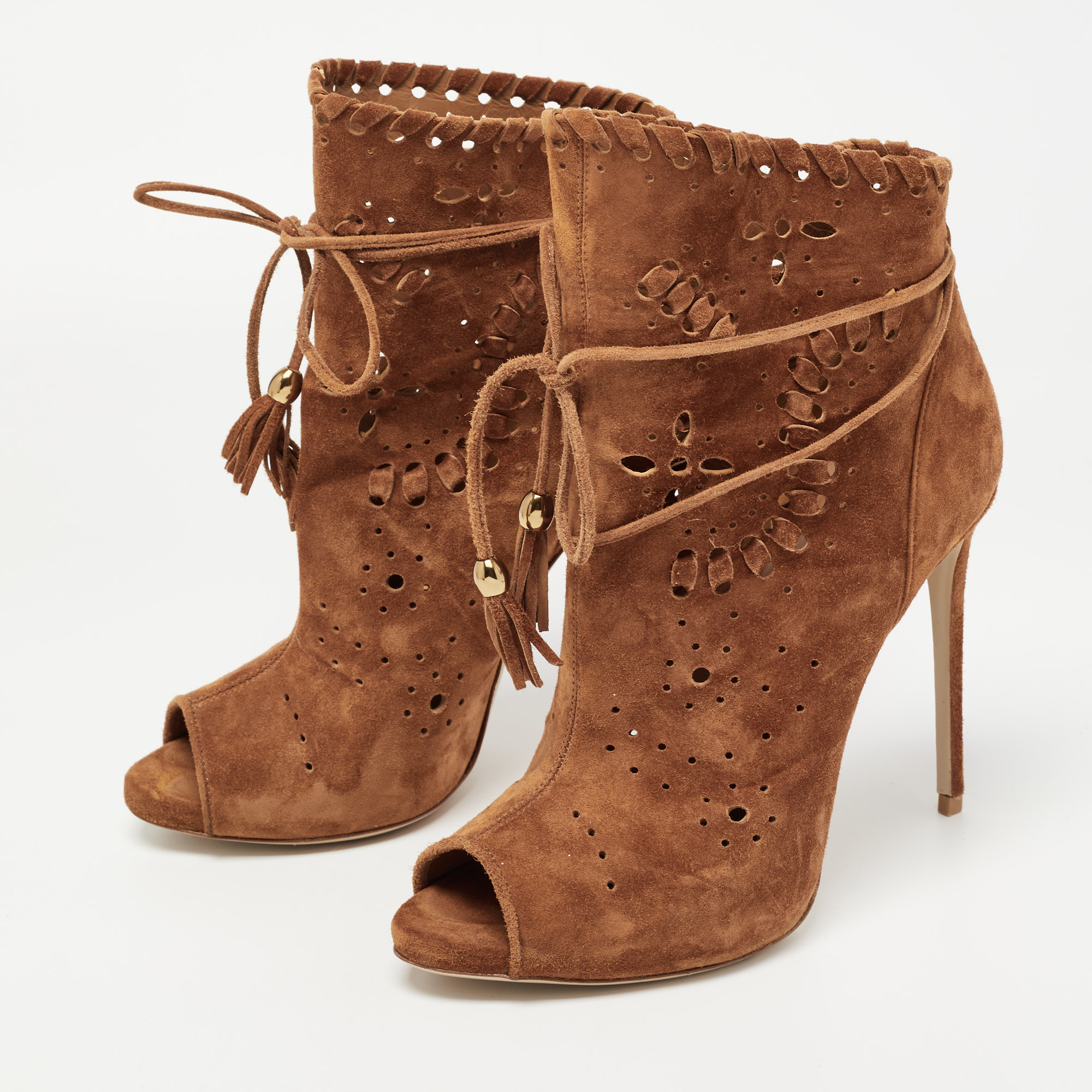 

Le Silla Tan Suede Laser Cut Peep Toe Ankle Booties Size