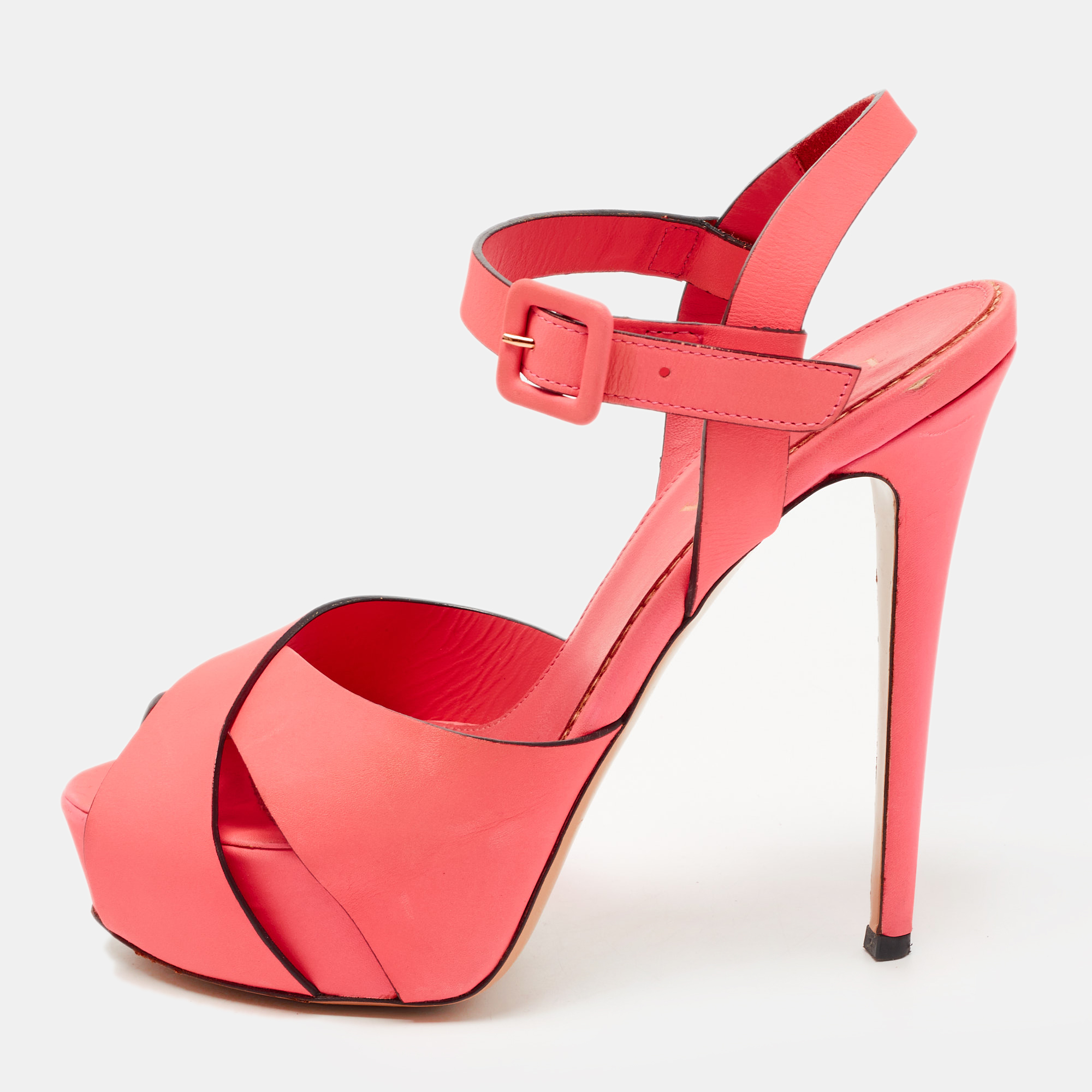 Pre-owned Le Silla Neon Pink Leather Platform Ankle Strap Sandals Size 37.5