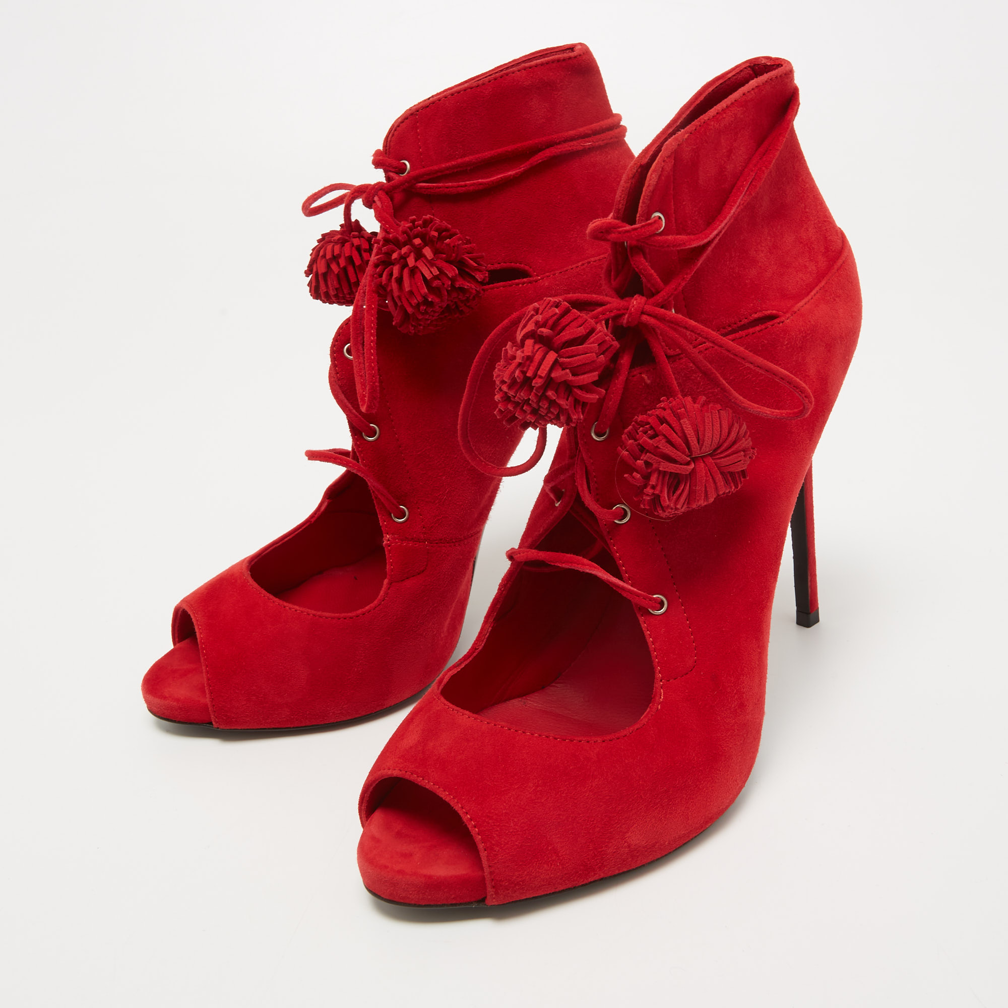 

Le Silla Red Suede Lace Up Peep Toe Ankle Boots Size
