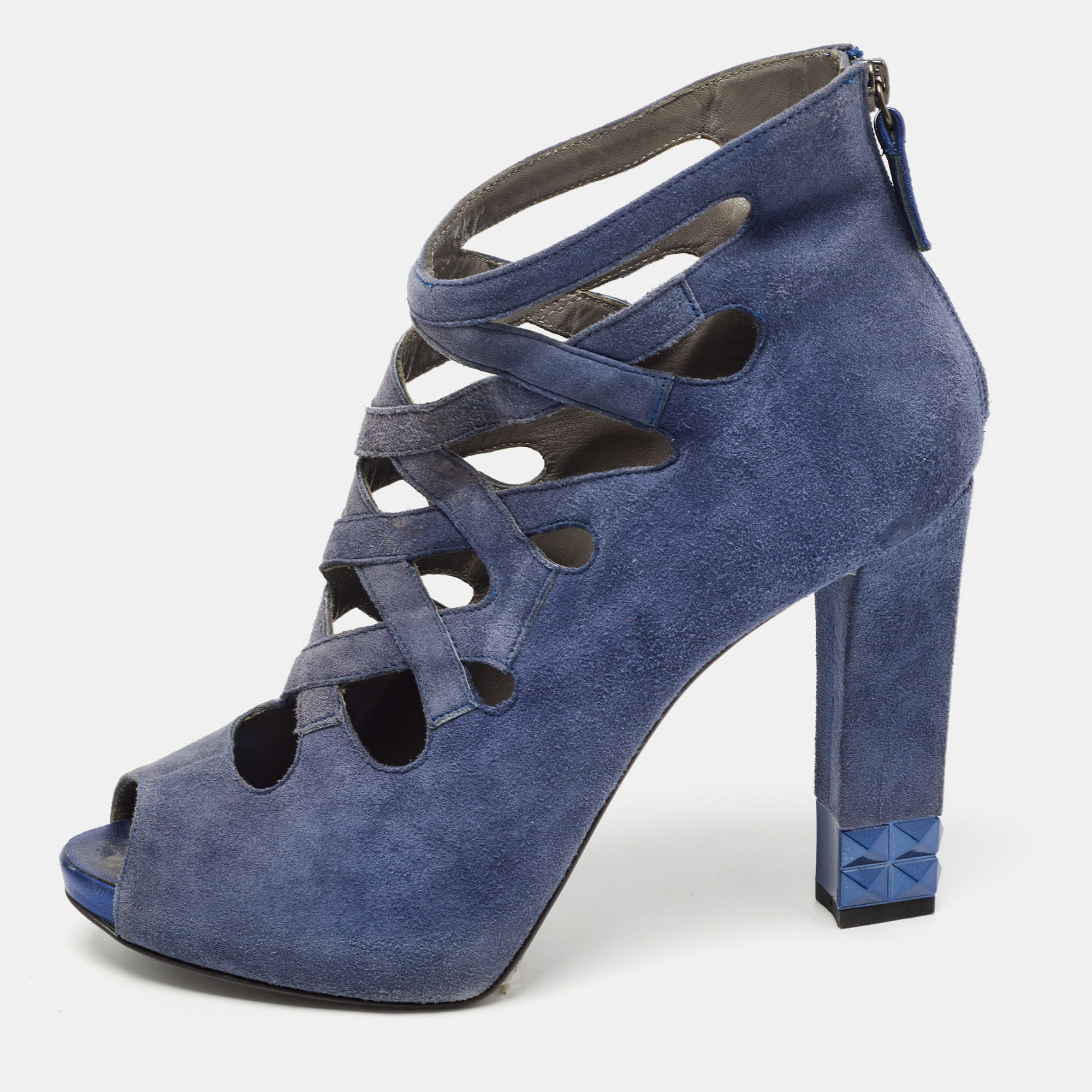 Pre-owned Le Silla Blue Suede Cut Out Peep Toe Platform Ankle Boots Size 38.5