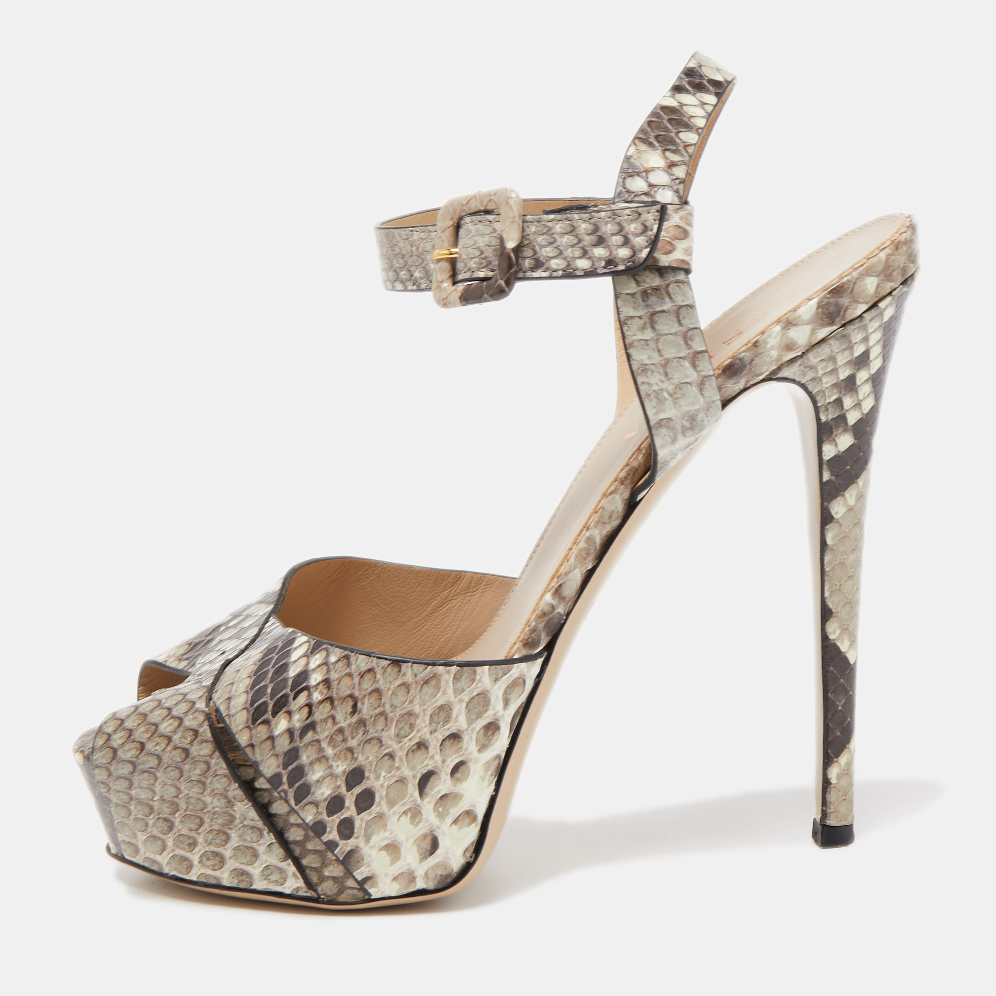 Pre-owned Le Silla Two Tone Python Embossed Leather Ankle Strap Sandals Size 37.5 In Brown