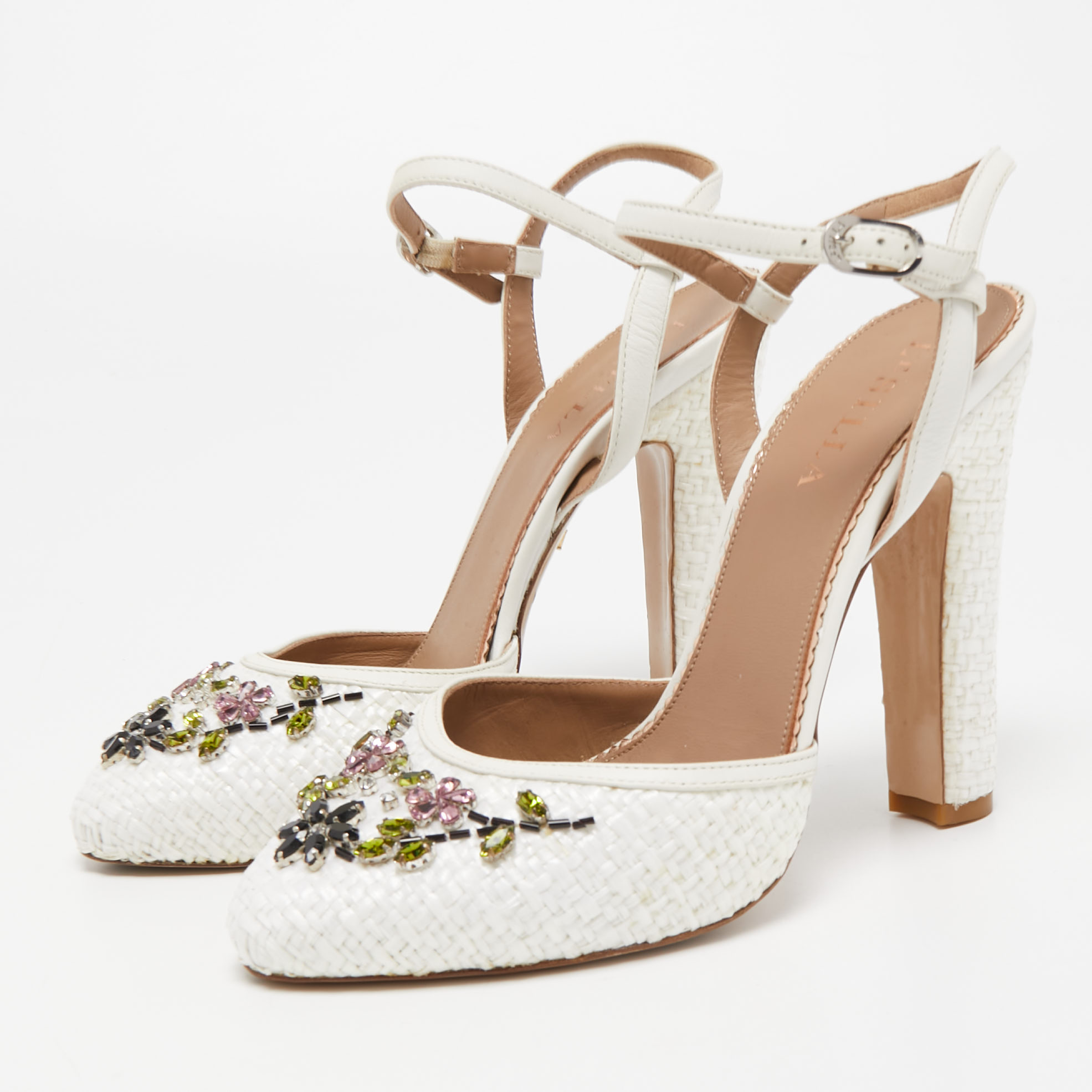 

Le Silla White Woven Straw Leather Crystal Embellished Ankle Strap Sandals Size