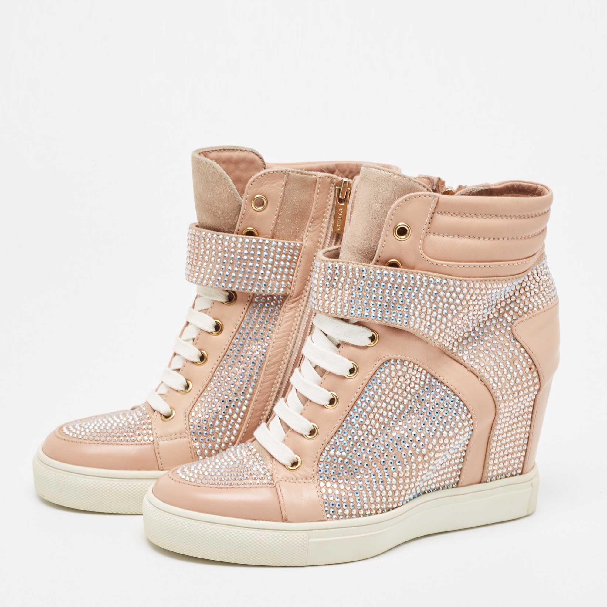 

Le Silla Pink Crystal Embellished Leather Burma Wedge Sneakers Size