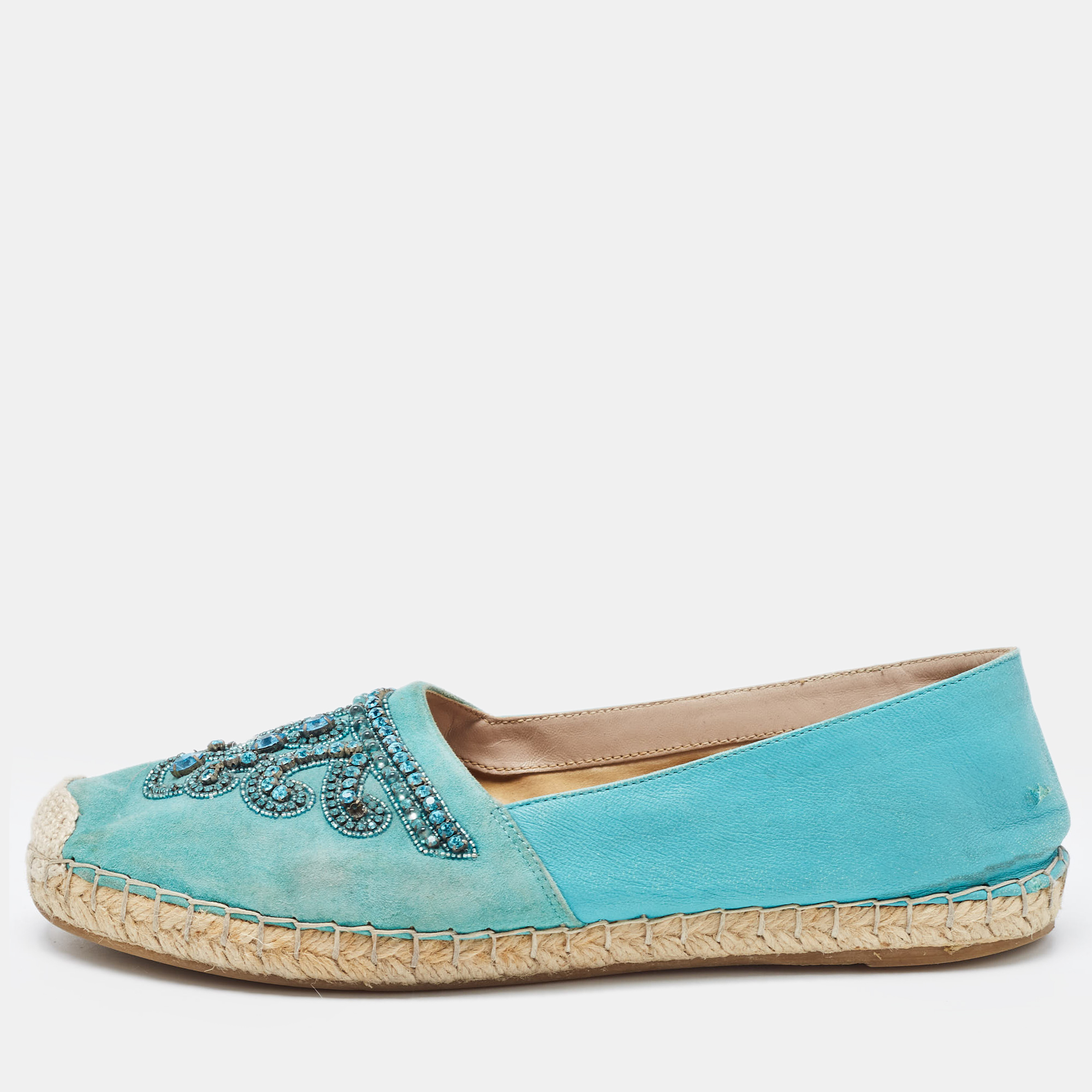 

Le Silla Turquoise Suede and Leather Crystal Embellished Espadrille Flats Size, Blue