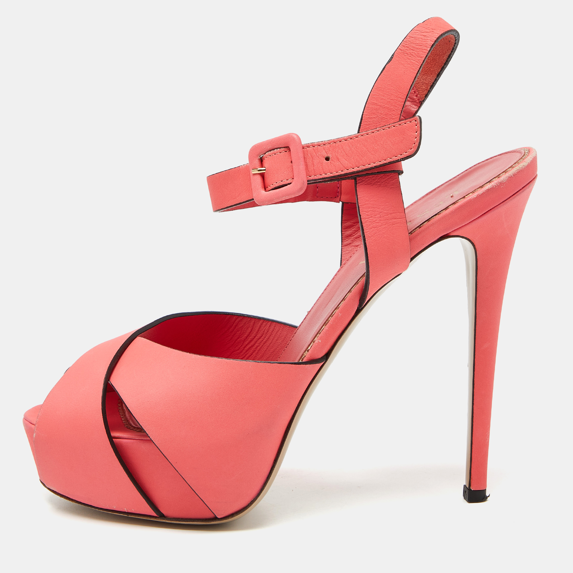Pre-owned Le Silla Coral Pink Leather Ankle Strap Platform Sandals Size 39