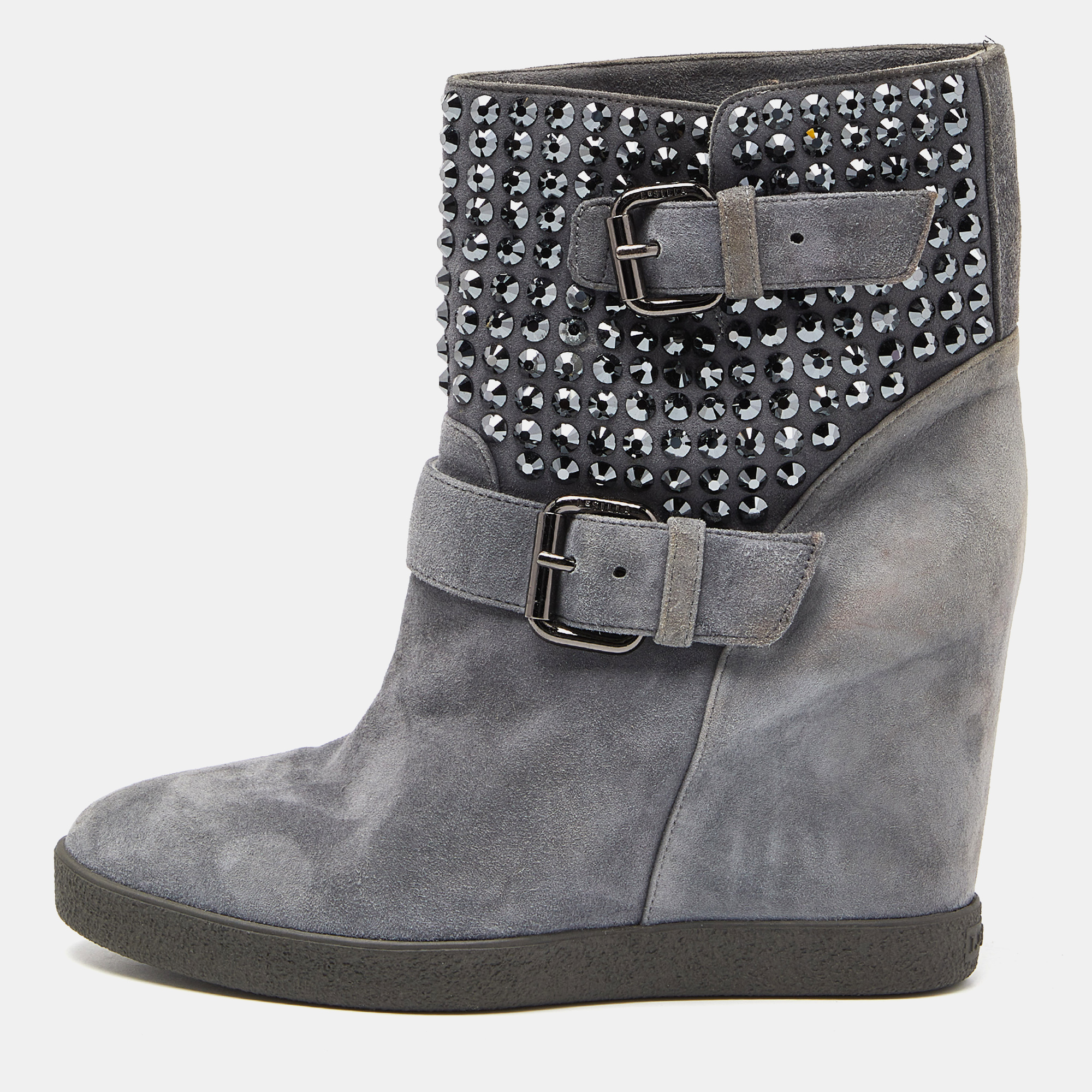 Pre-owned Le Silla Grey Suede Crystal Embellished Wedge Ankle Boots Size 38