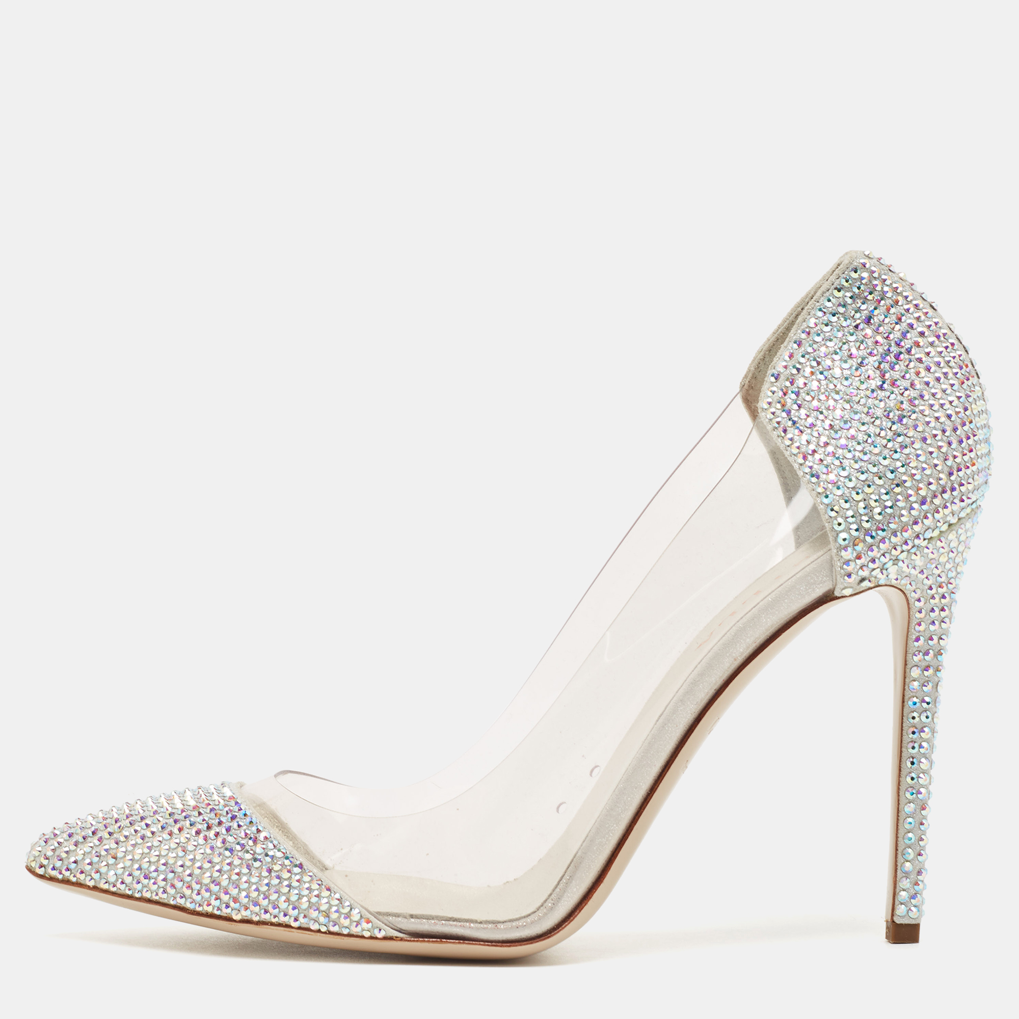 

Le Silla Silver Suede and PVC Crystal Embellished Pumps Size