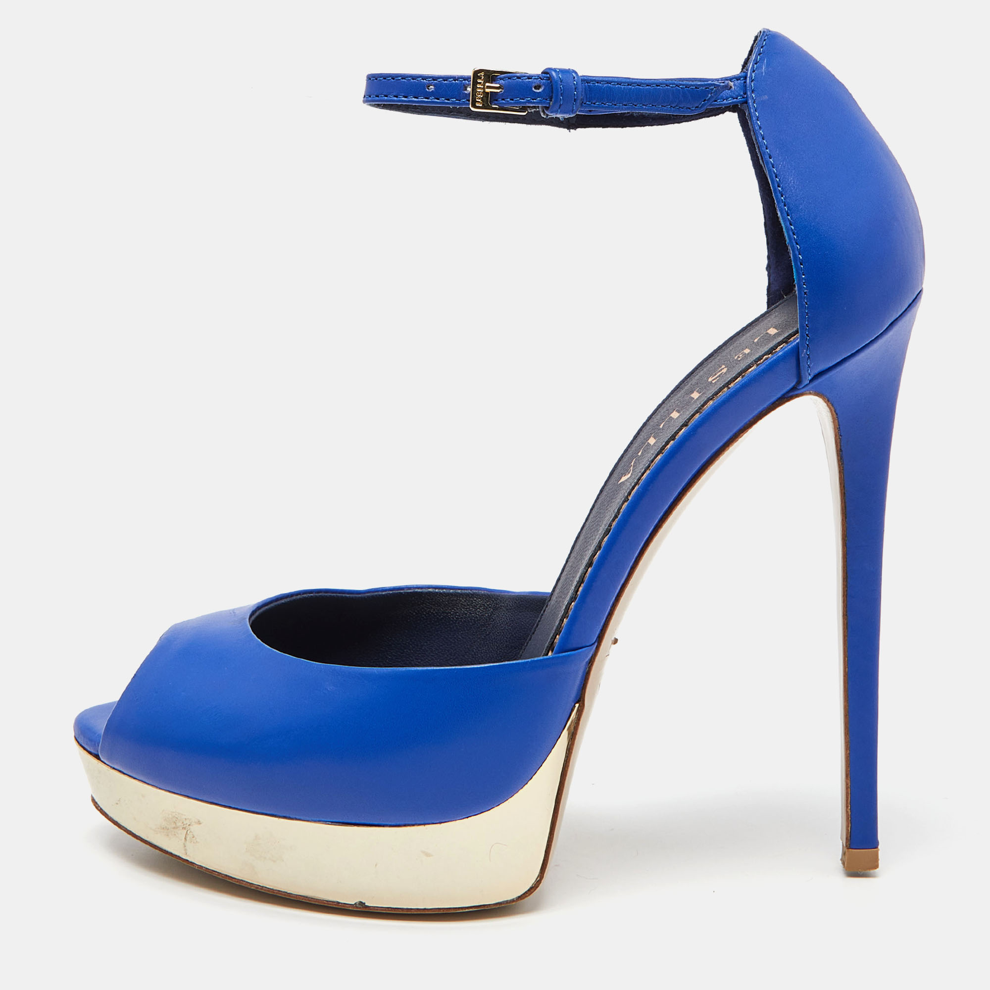 Pre-owned Le Silla Blue Leather Peep Toe Platform Ankle Strap Sandals Size 37.5
