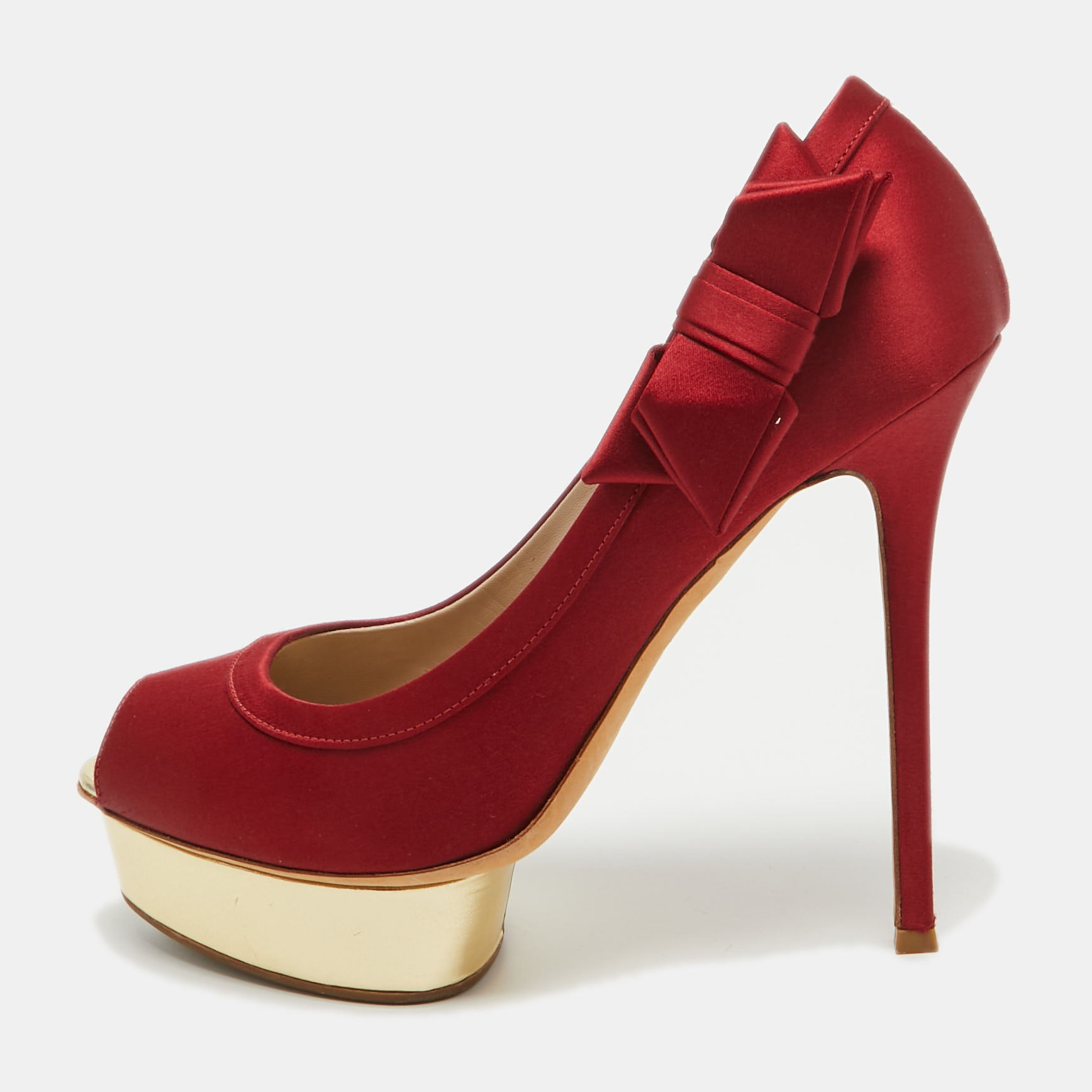 Pre-owned Le Silla Red Satin Peep Toe Platform Pumps Size 40.5