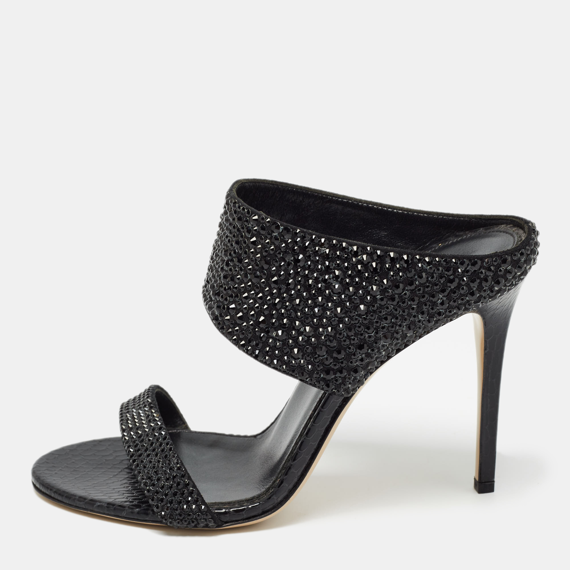 

Le Silla Black Suede and Snake Embossed Leather Open Toe Sandals Size
