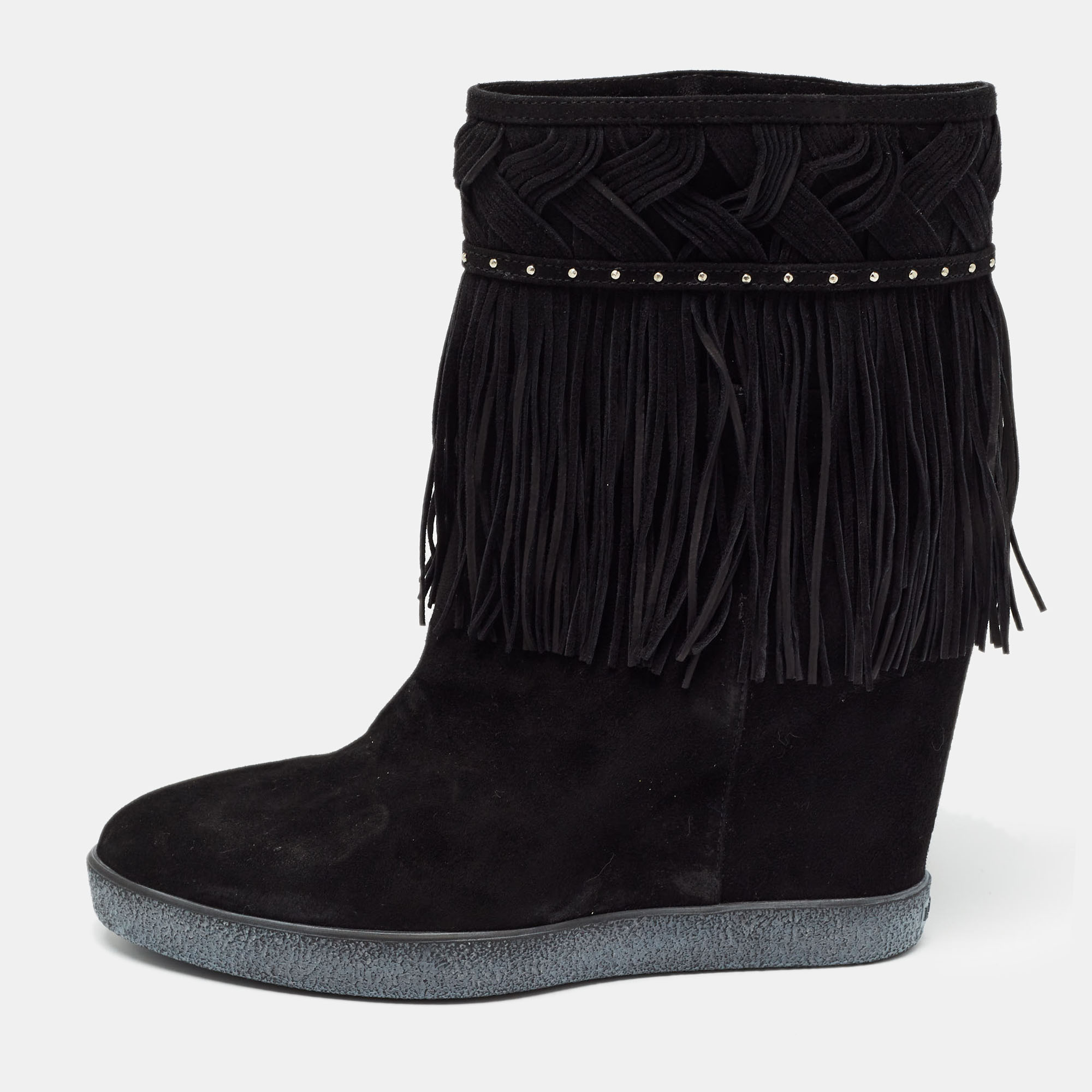 

Le Silla Black Suede Concealed Fringed Wedge Boots Size