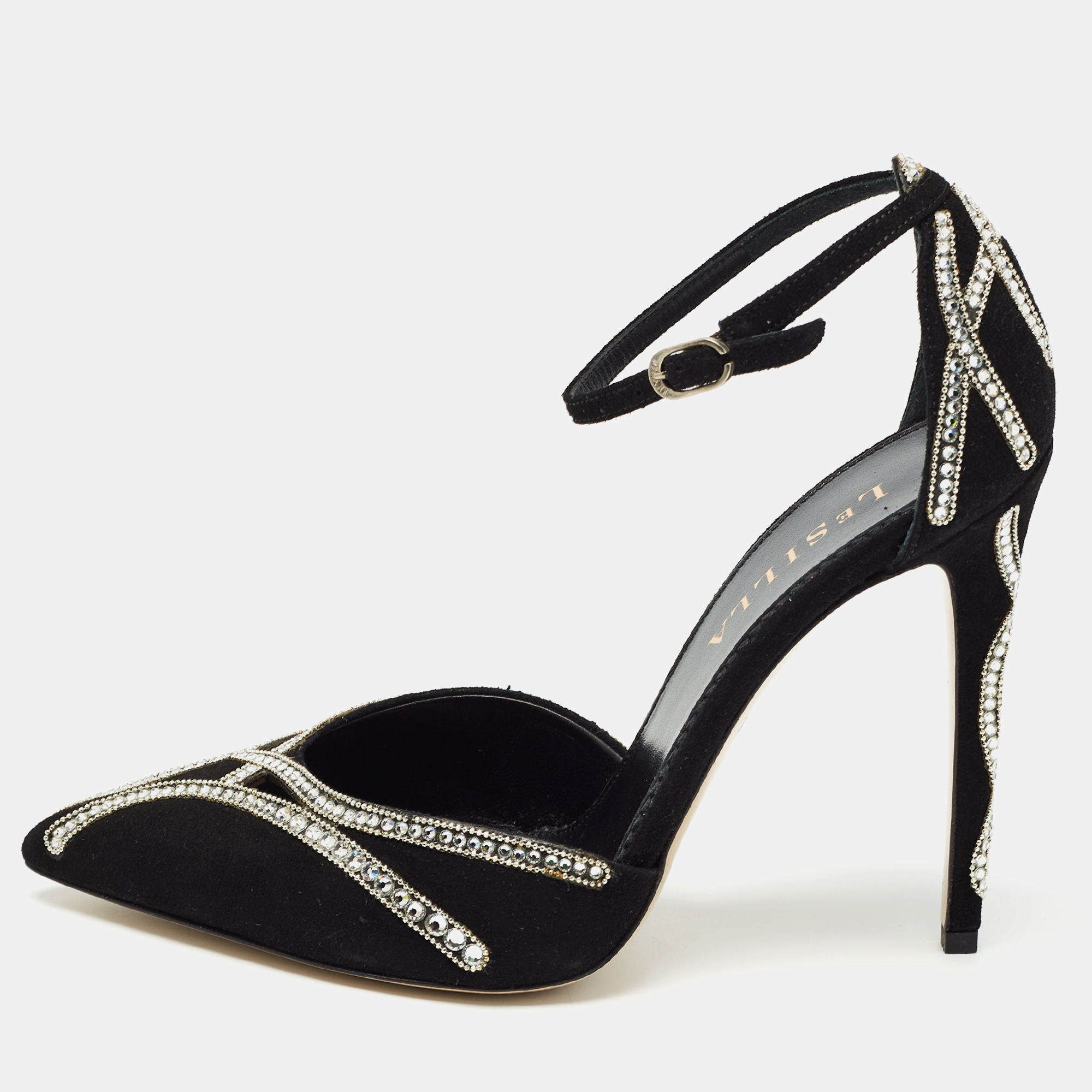 

Le Silla Black Suede Crystal Embellished Ankle Strap Pumps Size