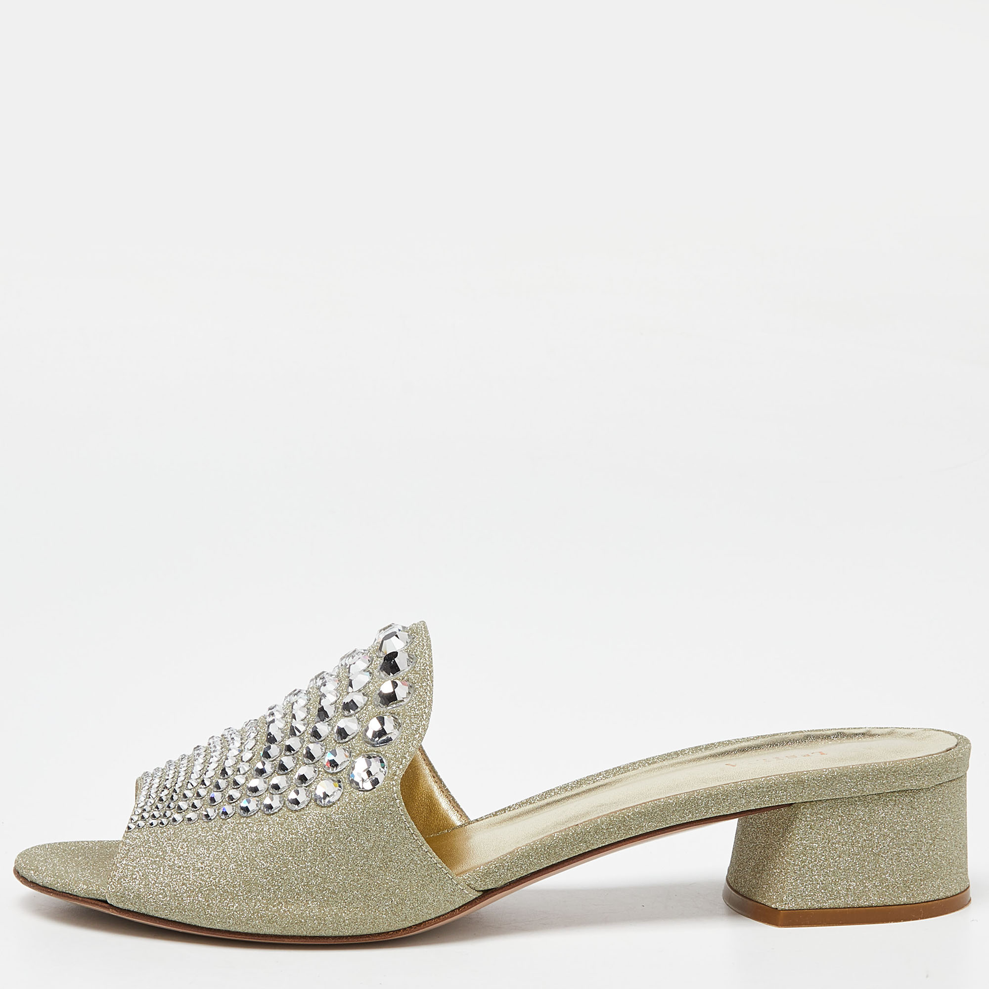 

Le Silla Silver Glitter Canvas Crystal Embellished Block Heel Slide Sandals Size
