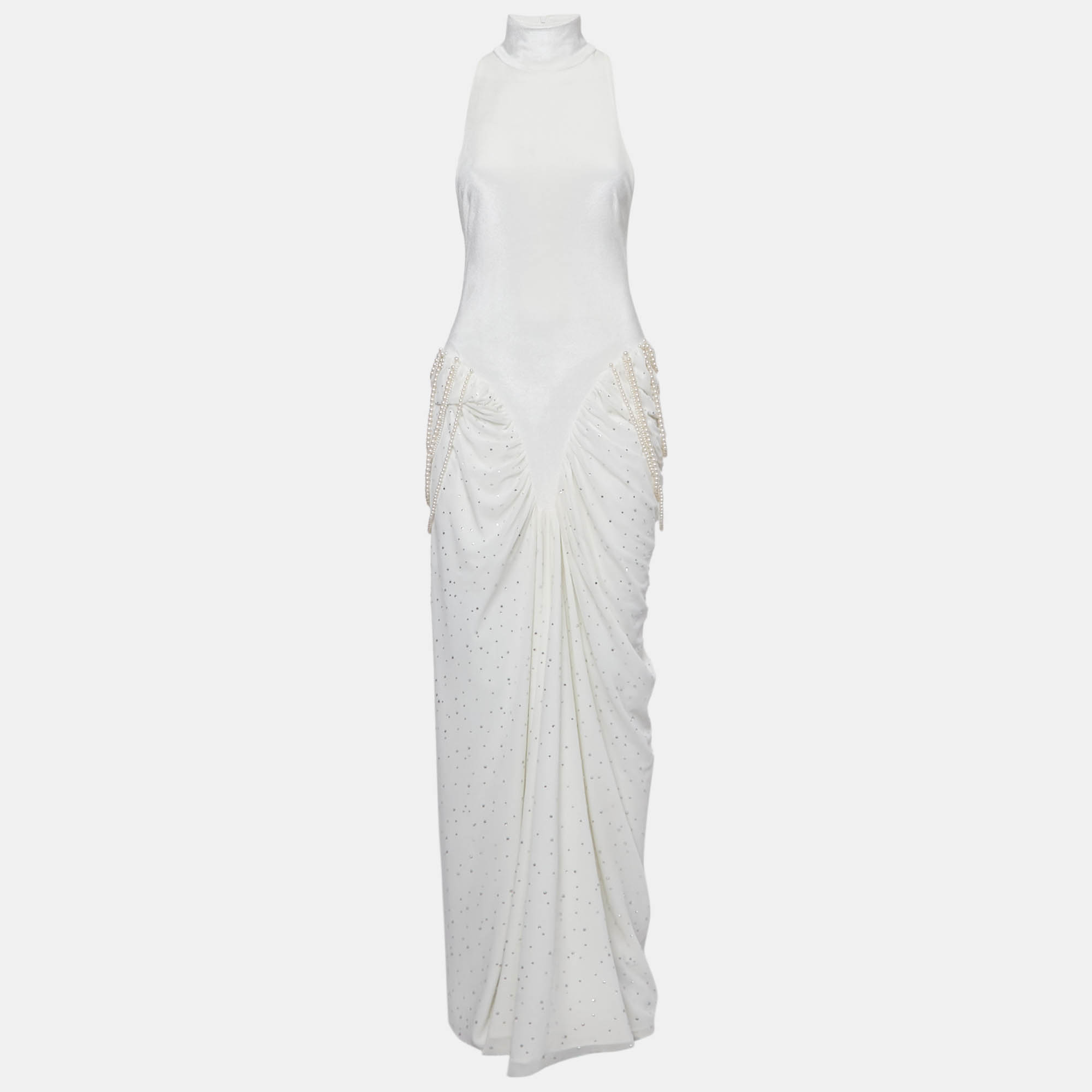 

Leam Almes White Velvet and Tulle Pearl Detail Draped Maxi Dress M