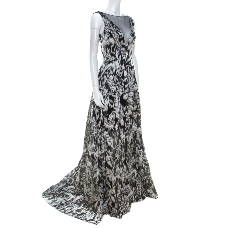 Pre-owned Lela Rose Monochrome Lurex Ikat Patterned Jacquard Sheer Yoke Sleeveless Gown Xs In Black