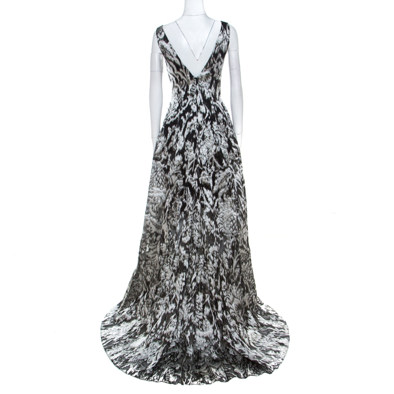 Pre-owned Lela Rose Monochrome Lurex Ikat Patterned Jacquard Sheer Yoke Sleeveless Gown Xs In Black