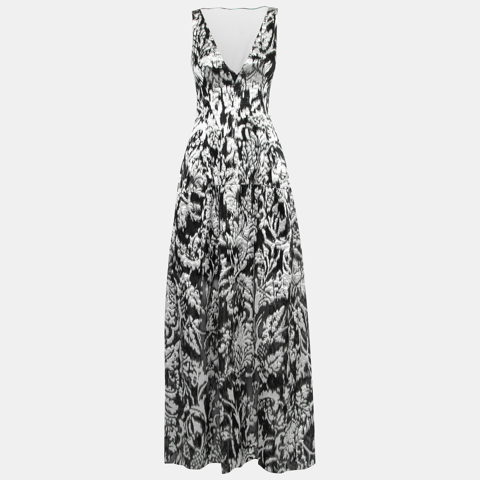 

Lela Rose Monochrome Lurex Ikat Patterned Jacquard Sheer Yoke Sleeveless Gown XS, Black