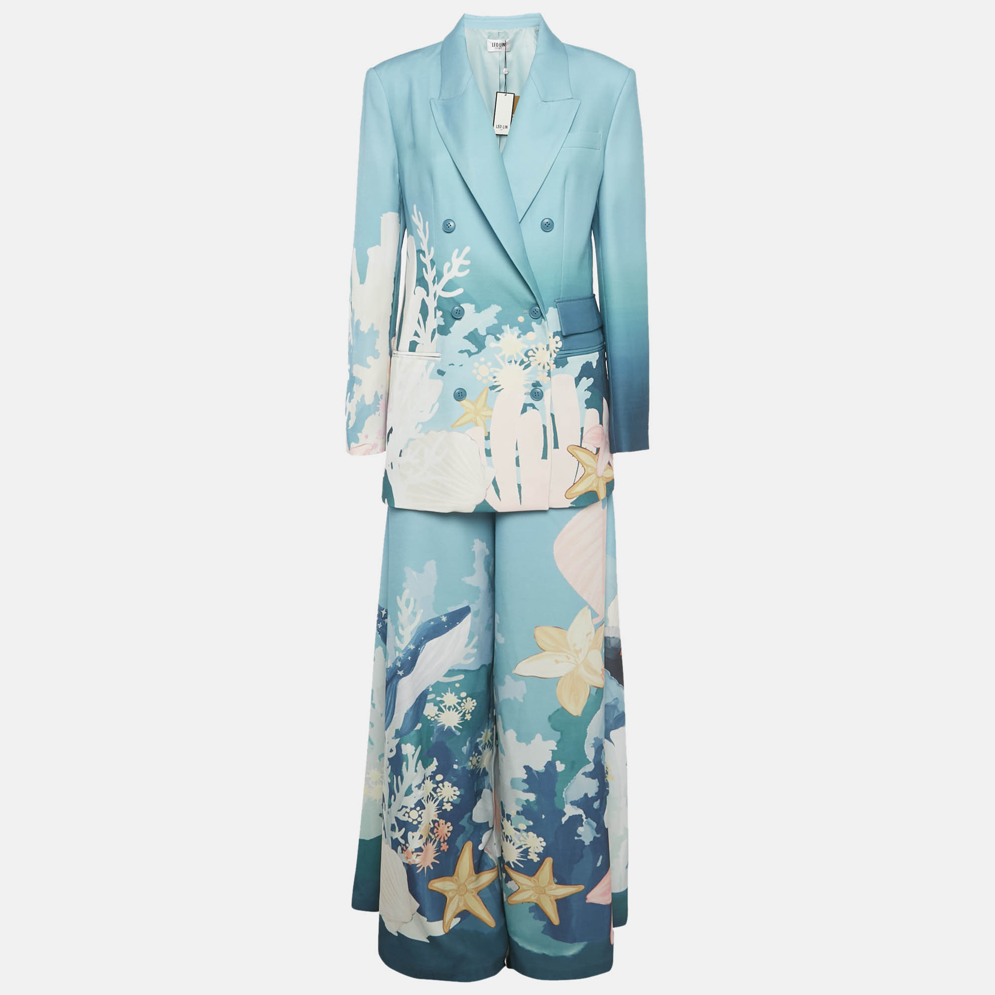 

Leo Lin Blue /Green Printed Crepe Judy Blazer & Pants Set M