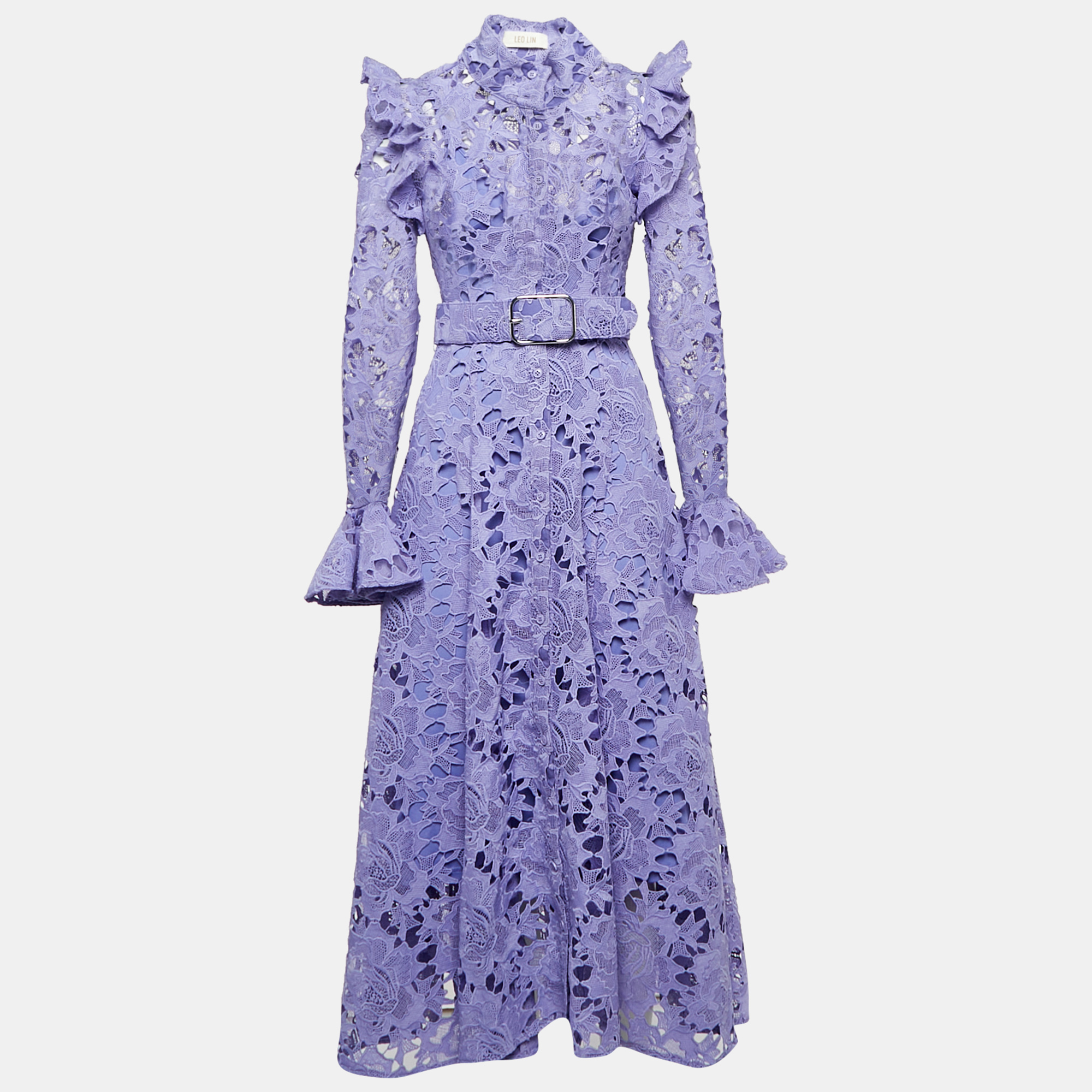 

Leo Lin Lavender Floral Pattern Lace Ruffled Aliyah Midi Dress S, Purple