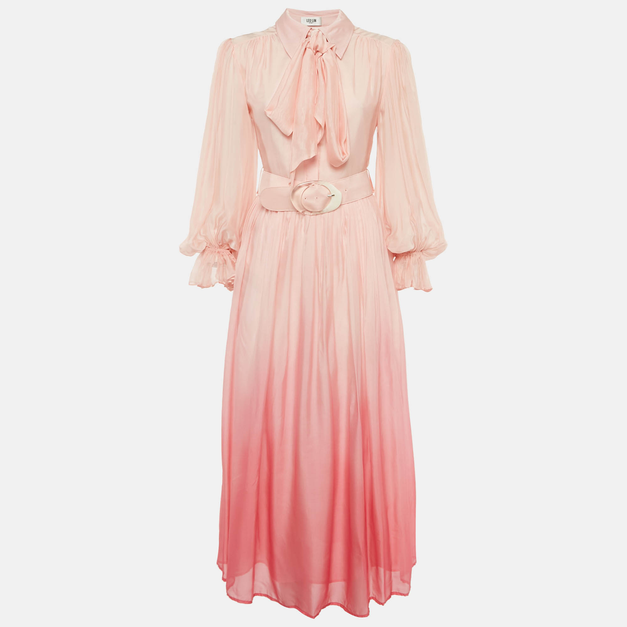 

Leo Lin Ombre Pink Silk Blend Tie Neck Detail Belted Midi Dress S
