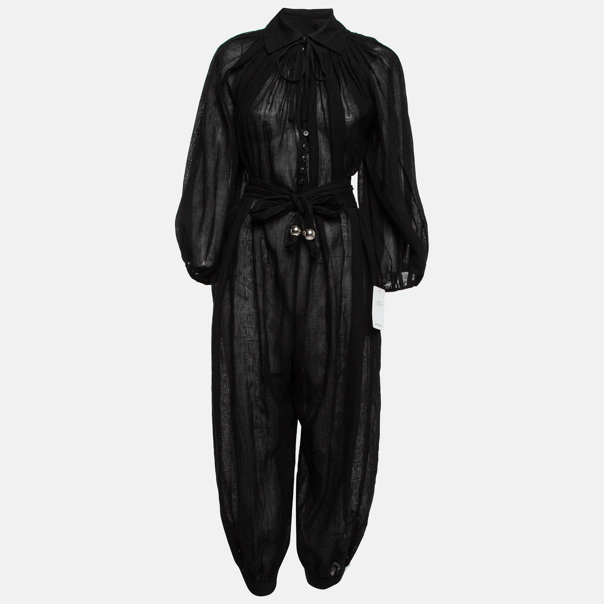 

Lisa Marie Fernandez Black Organic Linen Belted Sheer Jumpsuit M