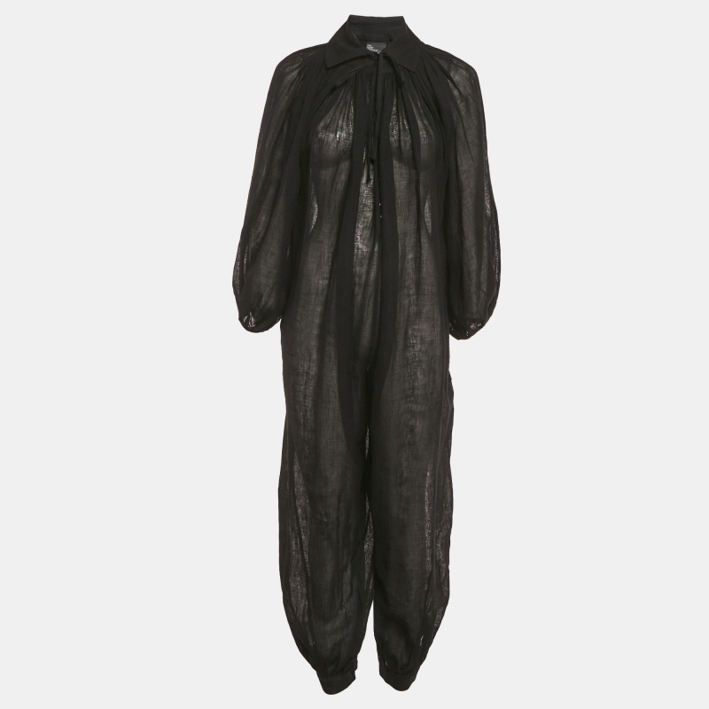 Lisa Marie Fernandez Black Organic Linen Belted Sheer Jumpsuit M