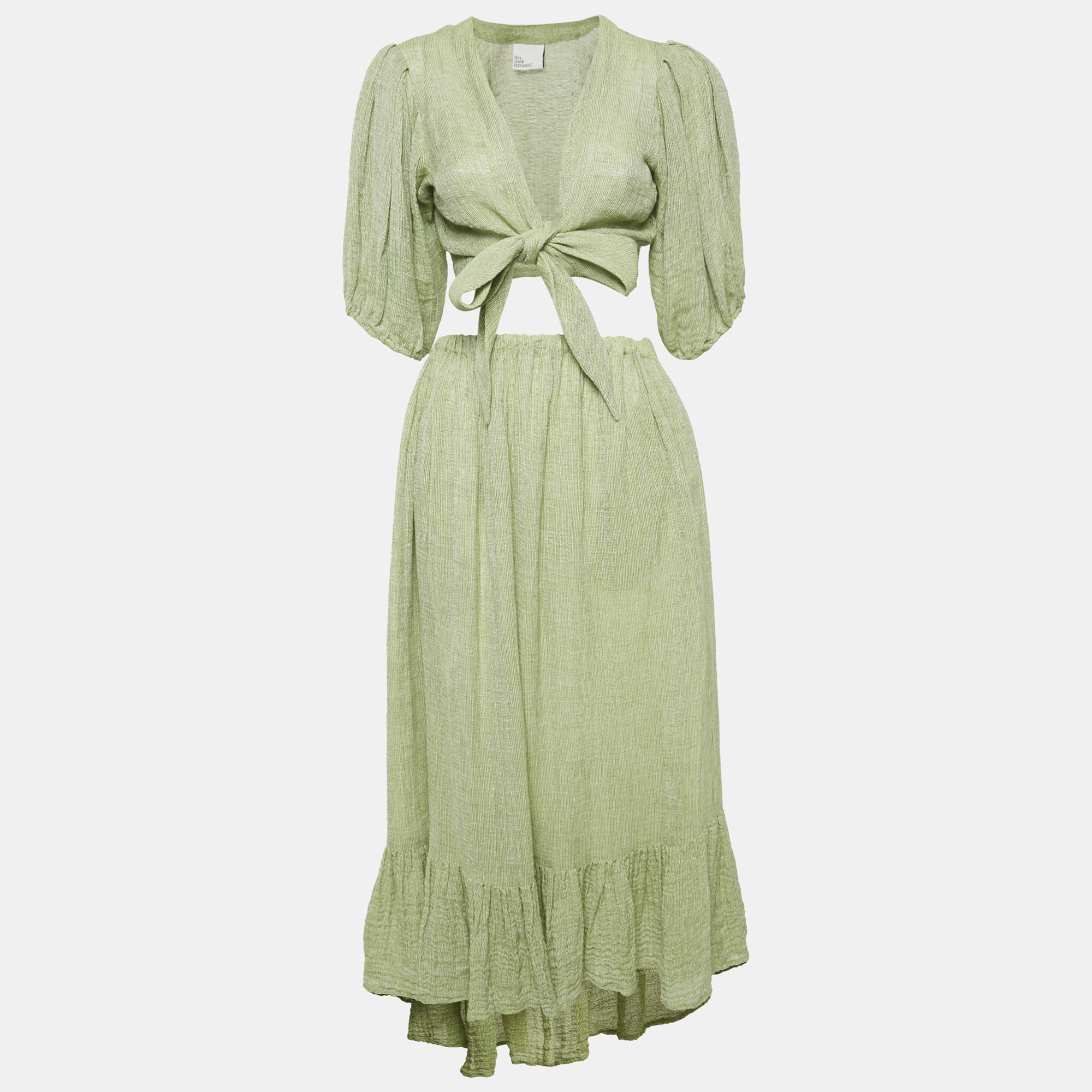 Pre-owned Lisa Marie Fernandez Green Textured Linen Wrap Top And Skirt Set M
