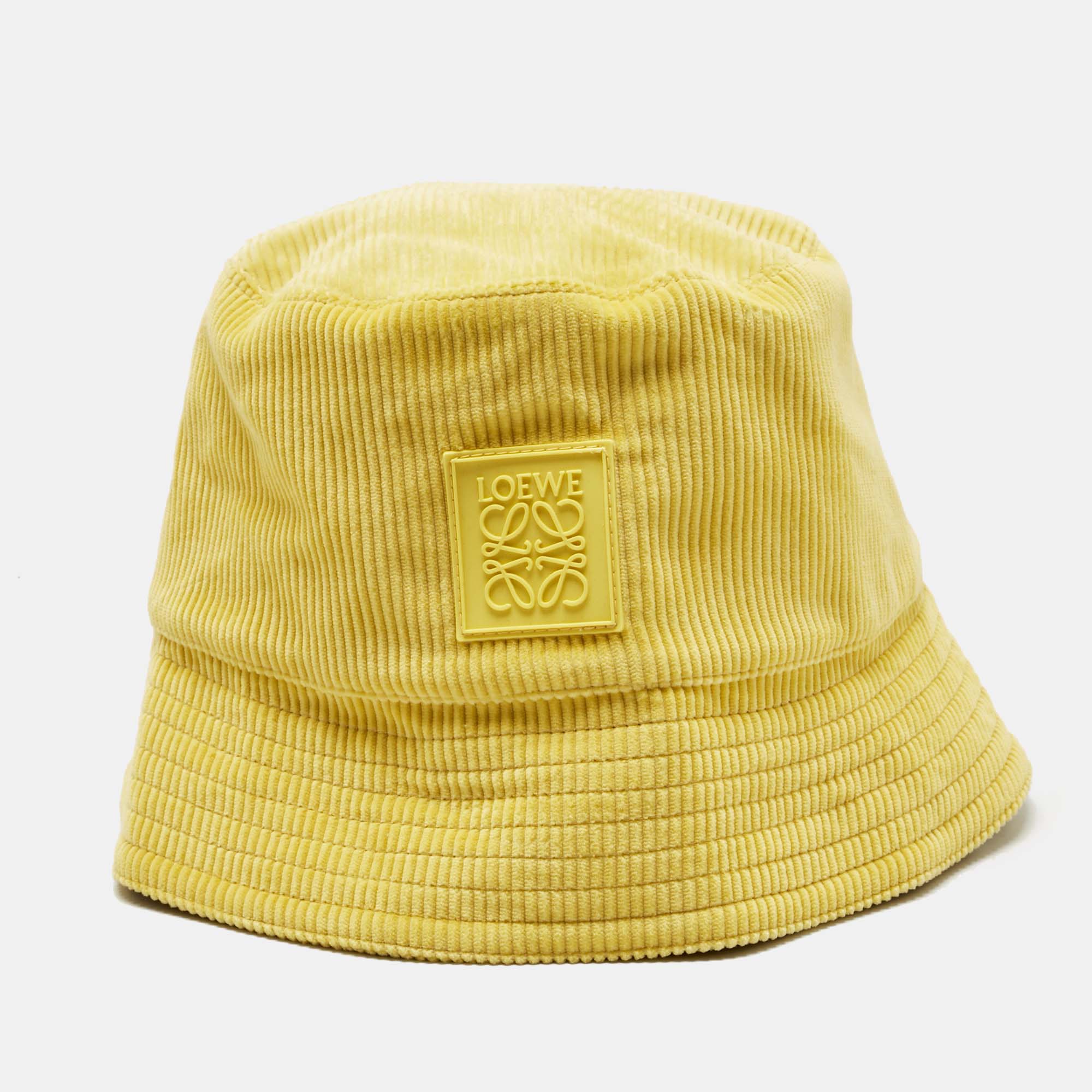 Pre-owned Loewe Yellow Cotton Corduroy Anagram Patch Bucket Hat Size 58
