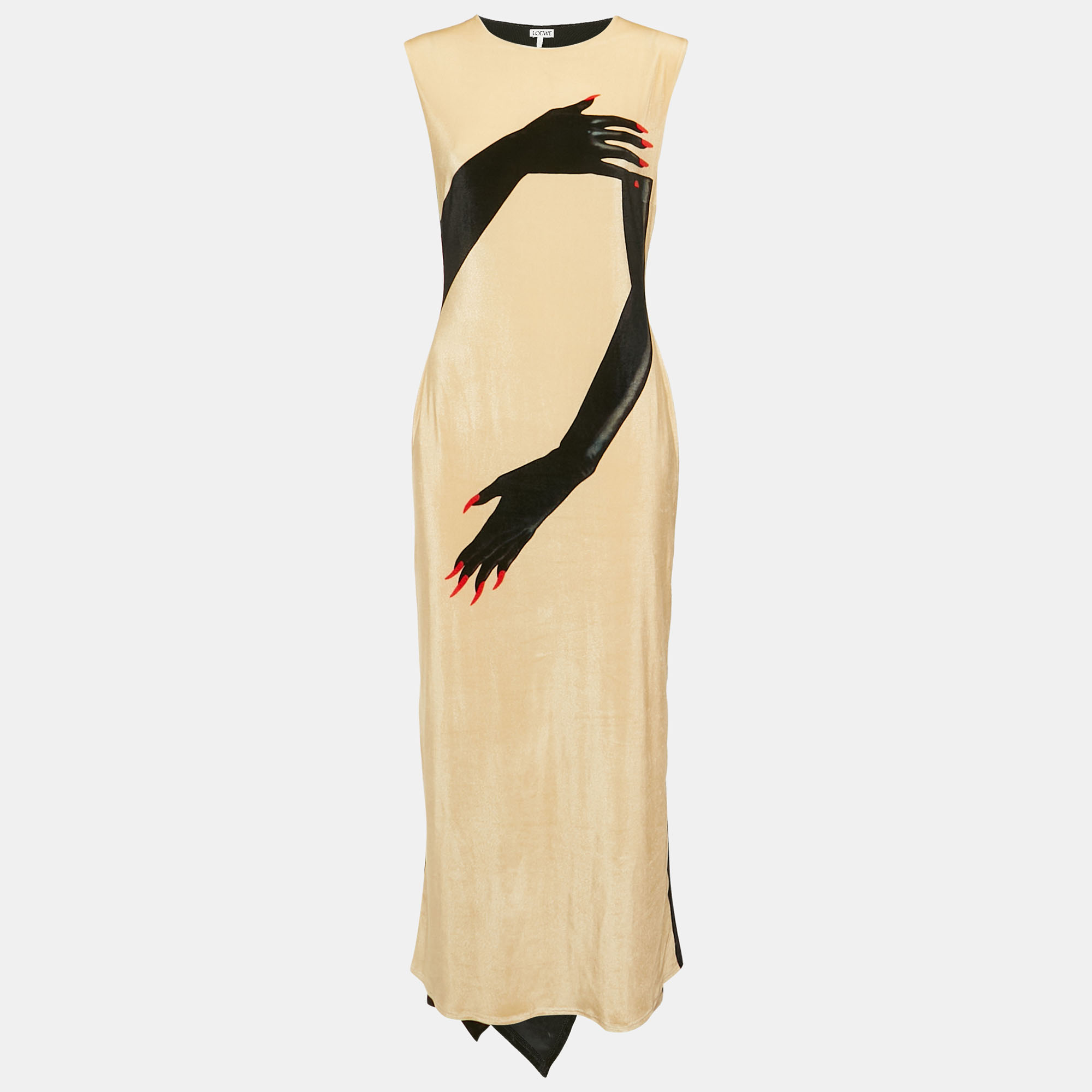 Pre-owned Loewe Beige/black Gloves Print Velvet Asymmetric Midi Dress S In Sand