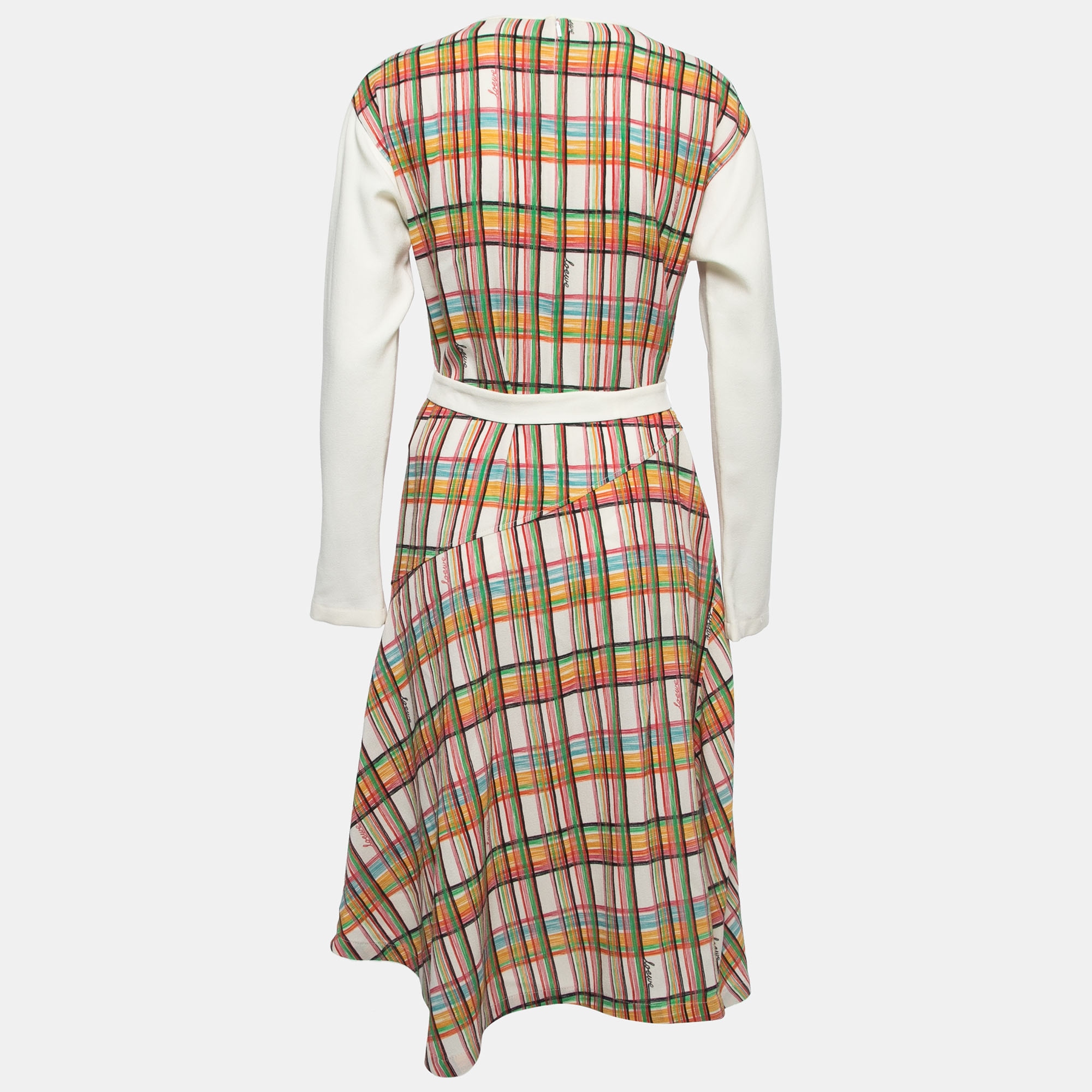 

Loewe Cream/Multicolor Checked Printed Wool Belted Dress