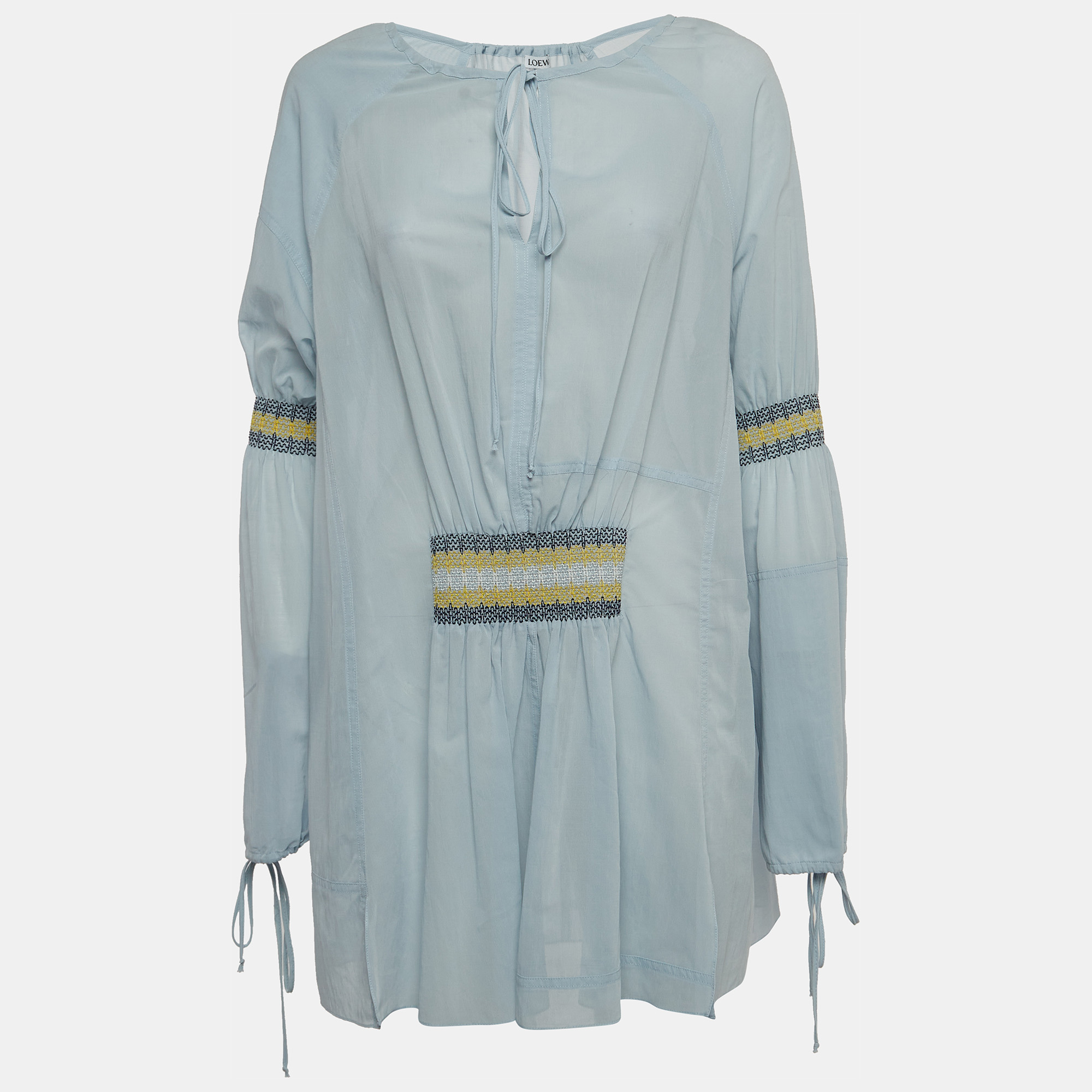 Pre-owned Loewe Blue Cotton Blend Smocked Detail Tie-up Neck Mini Dress S