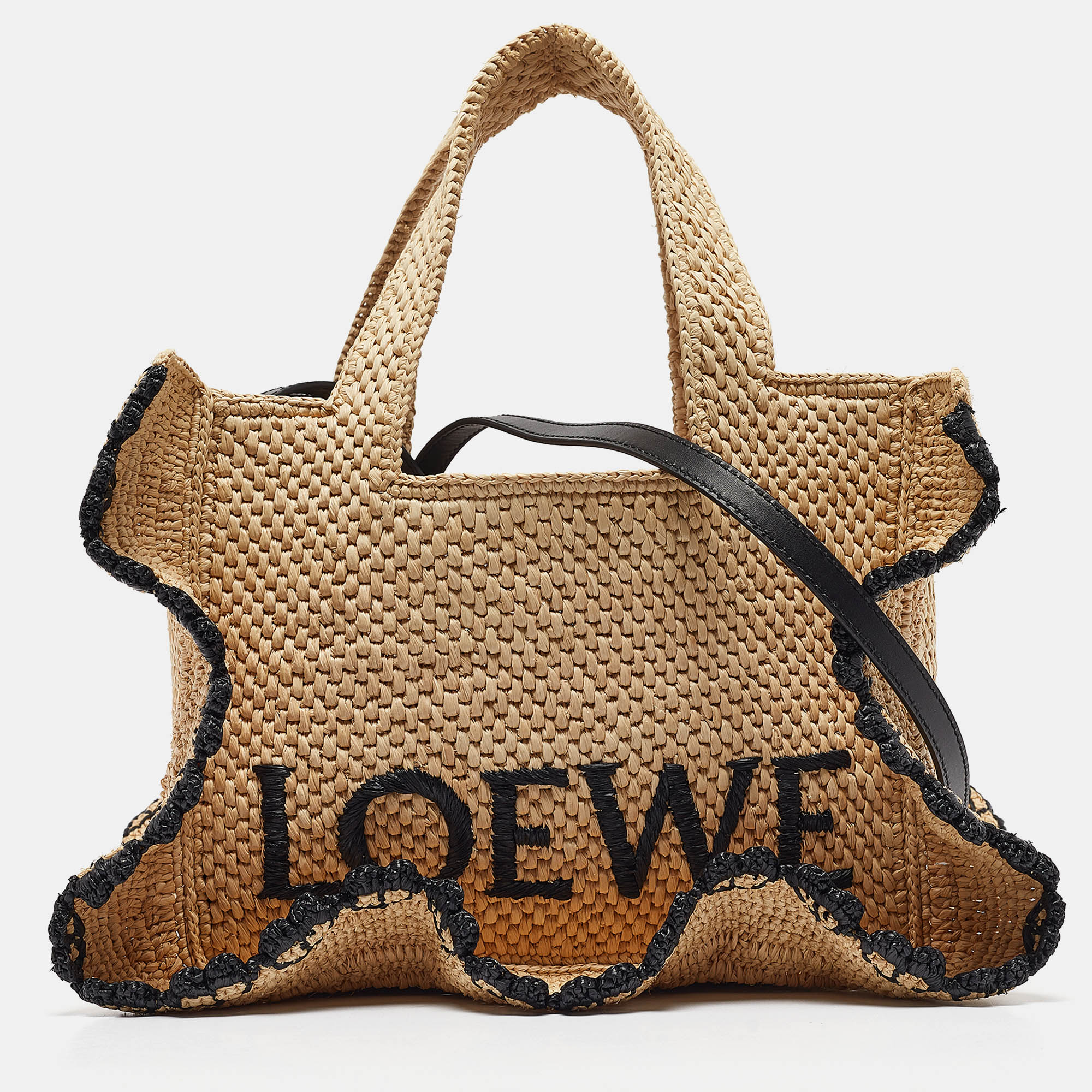 

Loewe x Paula's Ibiza Black/Natural Raffia  Ruffle Tote, Tan