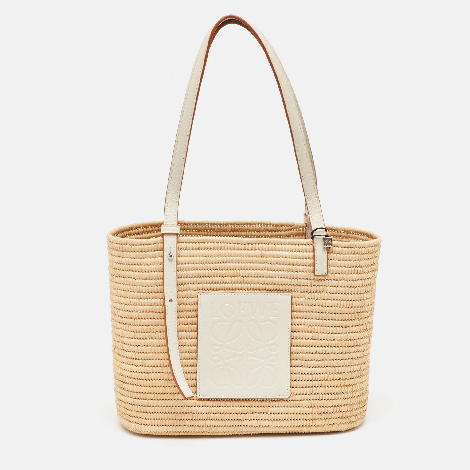 

Loewe White/Natural Raffia and Leather  Square Basket Tote