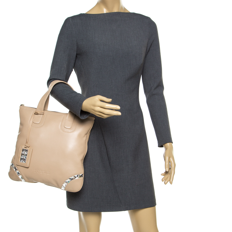 

Loewe Beige Leather Crystal Embellished Tote