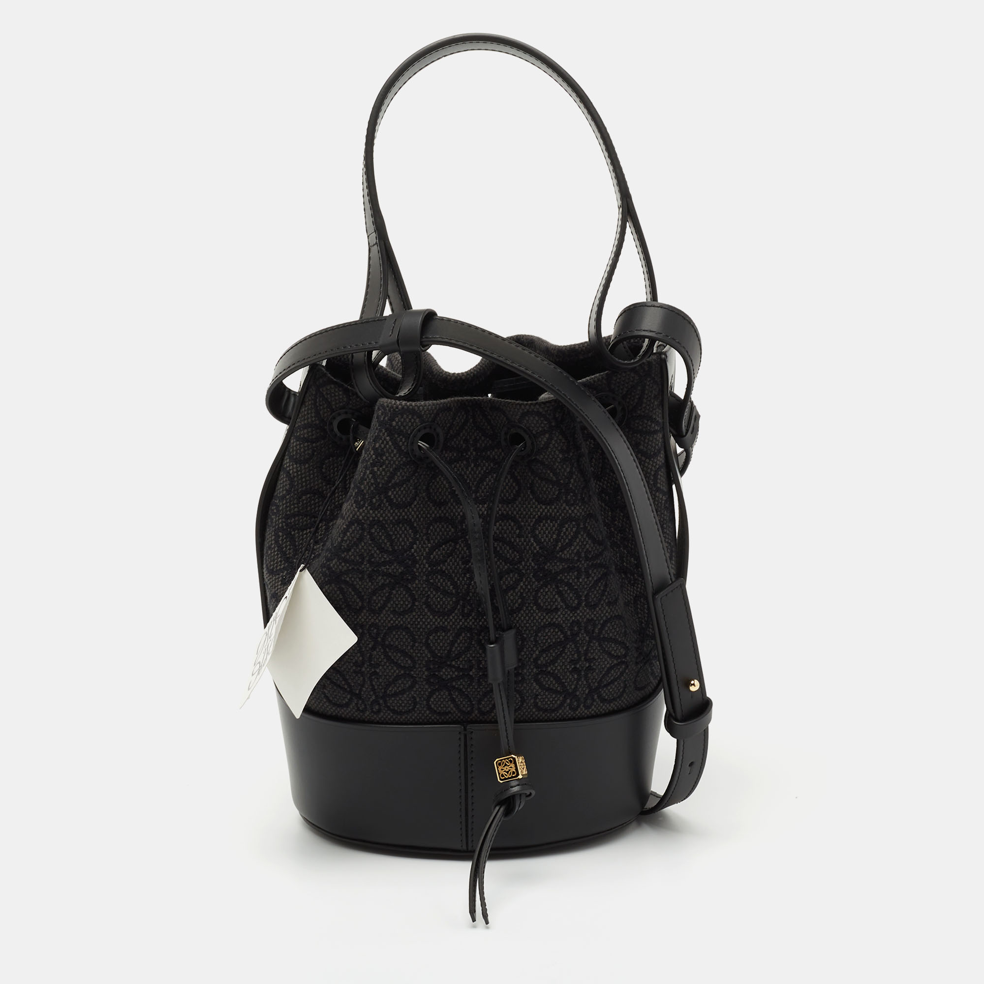 Pre Owned Loewe Grey/Black Canvas and Leather Balloon Anagram Bucket Bag