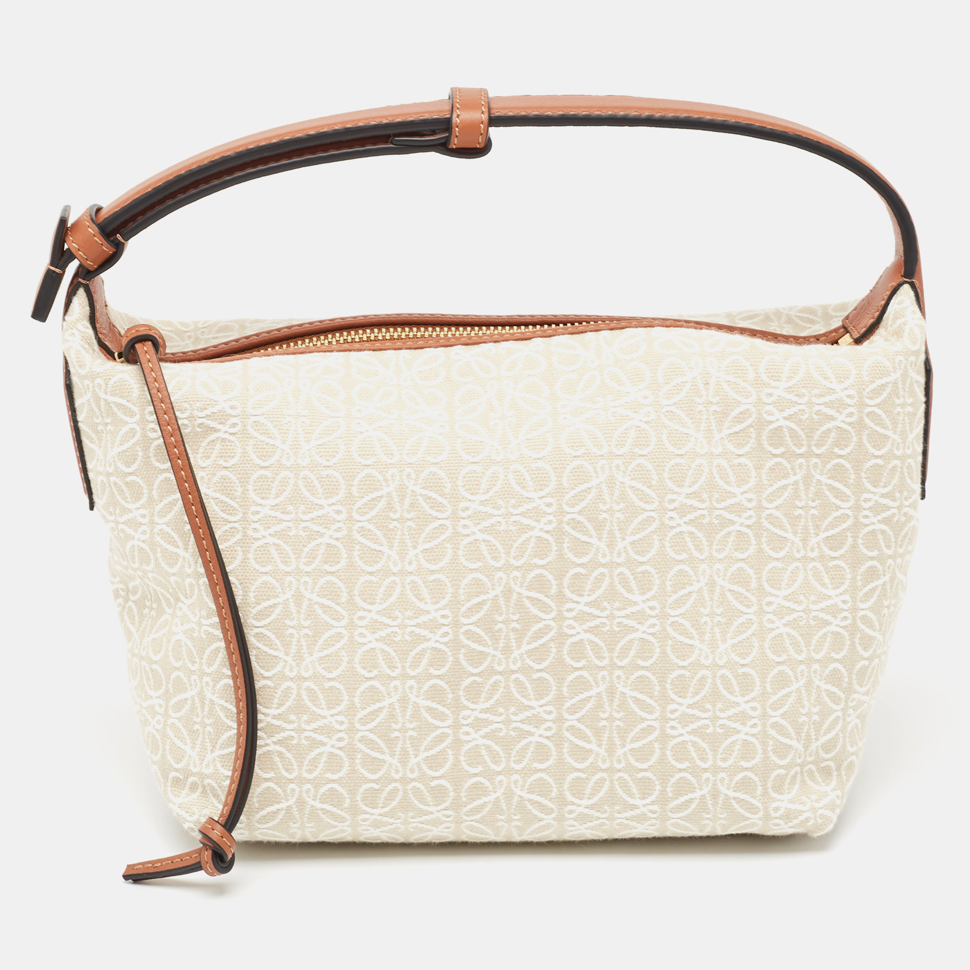 Pre Owned Loewe Cream/Brown Anagram Jacquard and Leather Cubi Shoulder Bag