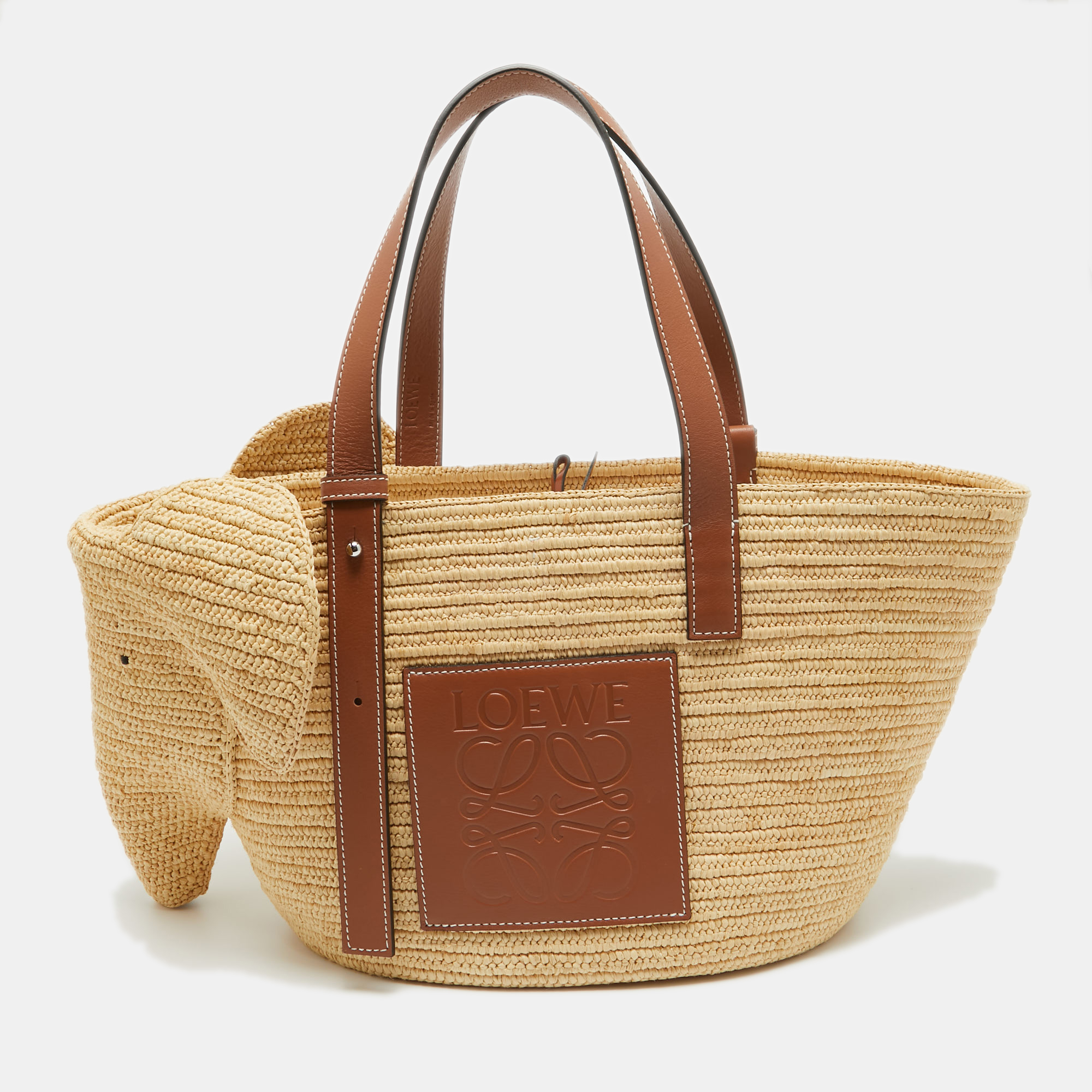 Loewe Brown/Natural Palm Leaf and Leather Elephant Basket Tote