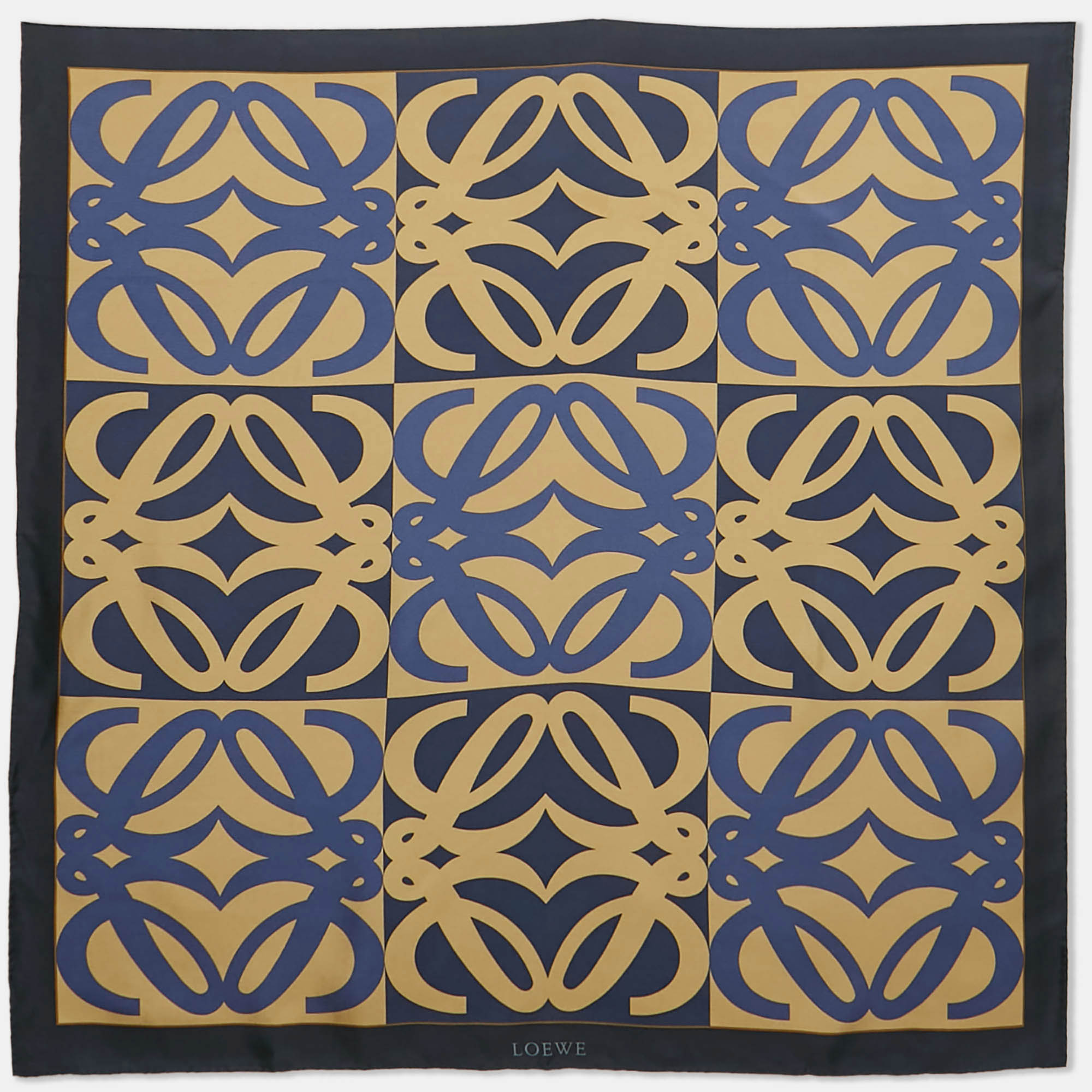 

Loewe Navy Blue & Gold Logo Printed Silk Square Scarf
